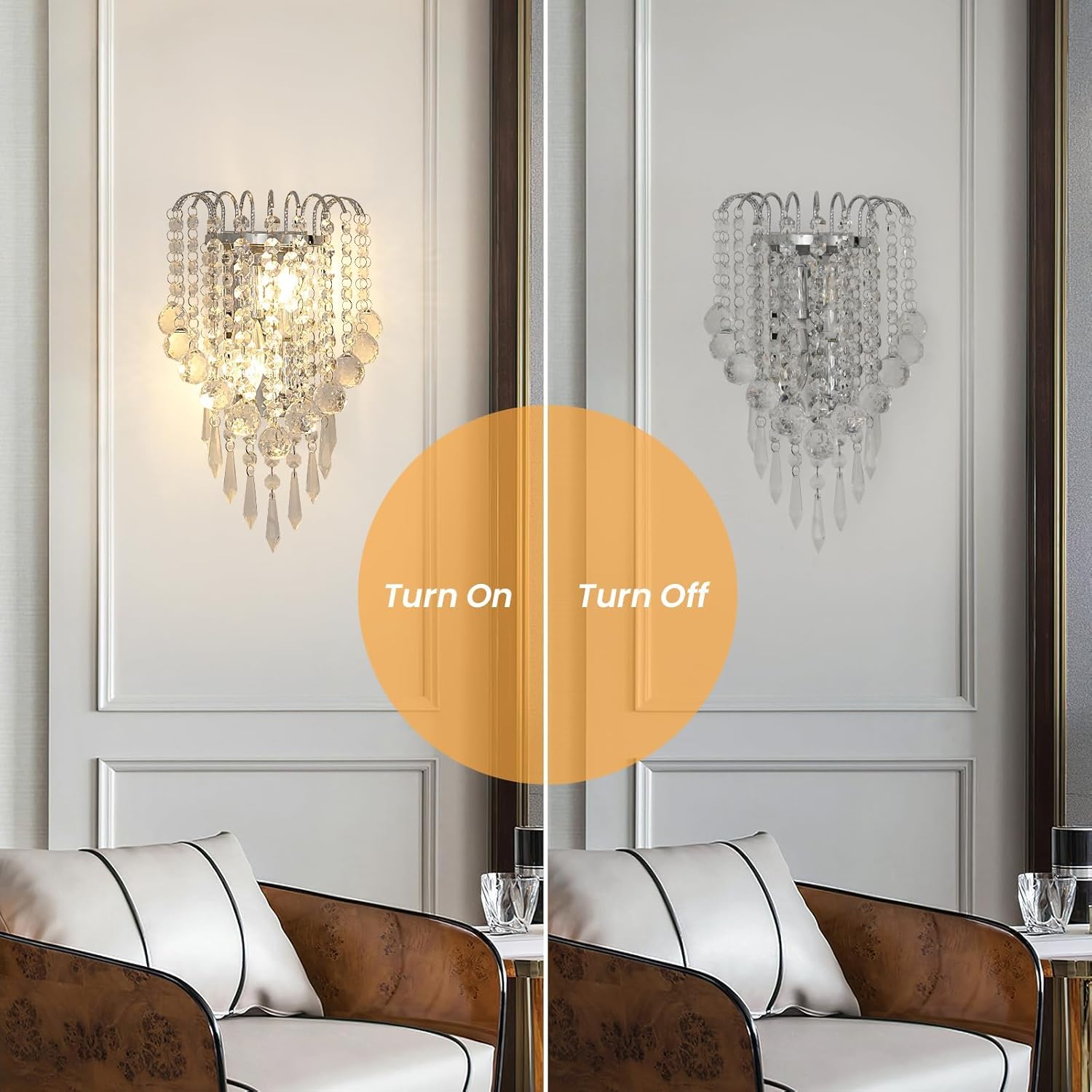 Crystal Wall Sconce, 12x7 Inch Small Indoor Wall Lights, E12*2 Socket Chrome K9 Acrylic Crystal Drops Shade Modern Wall Lamp for Bedroom, Living Room, Corridor, Bedside, Bathroom, Mirror