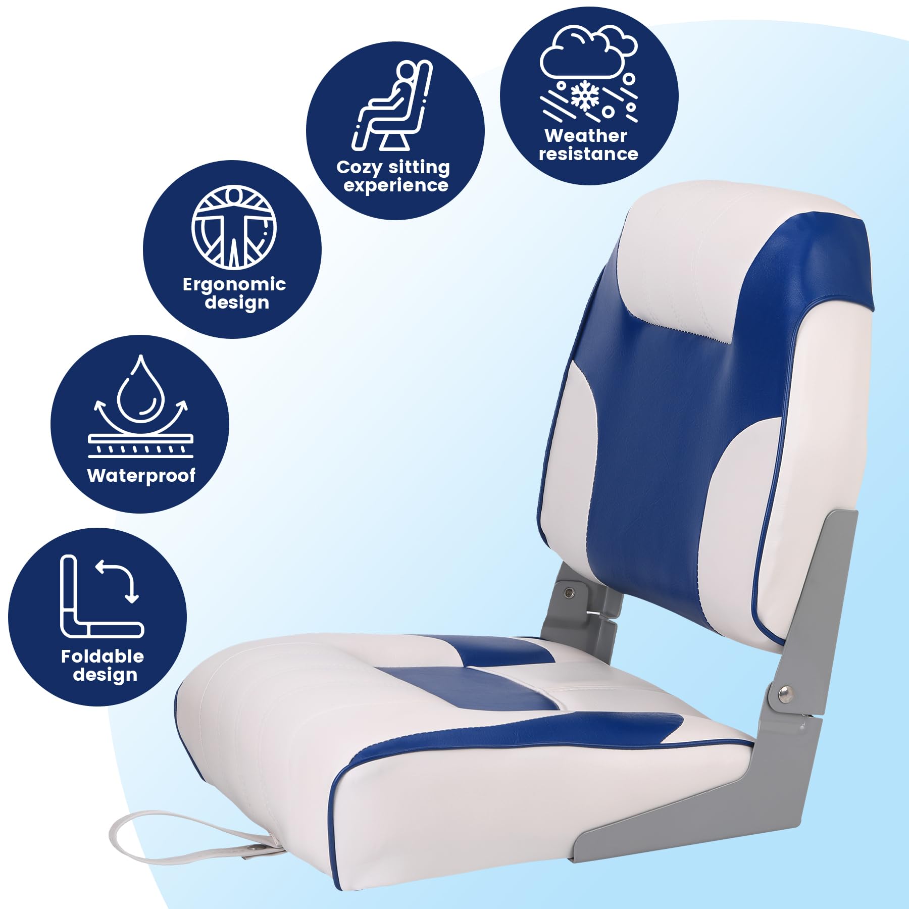 Garvee Sièges pliables bateau – Lot de 2, dossier bas, coussin épais, résistant intempéries, vis inox, parfaits pêche, croisière, speedboat – Coloris bleu royal et blanc