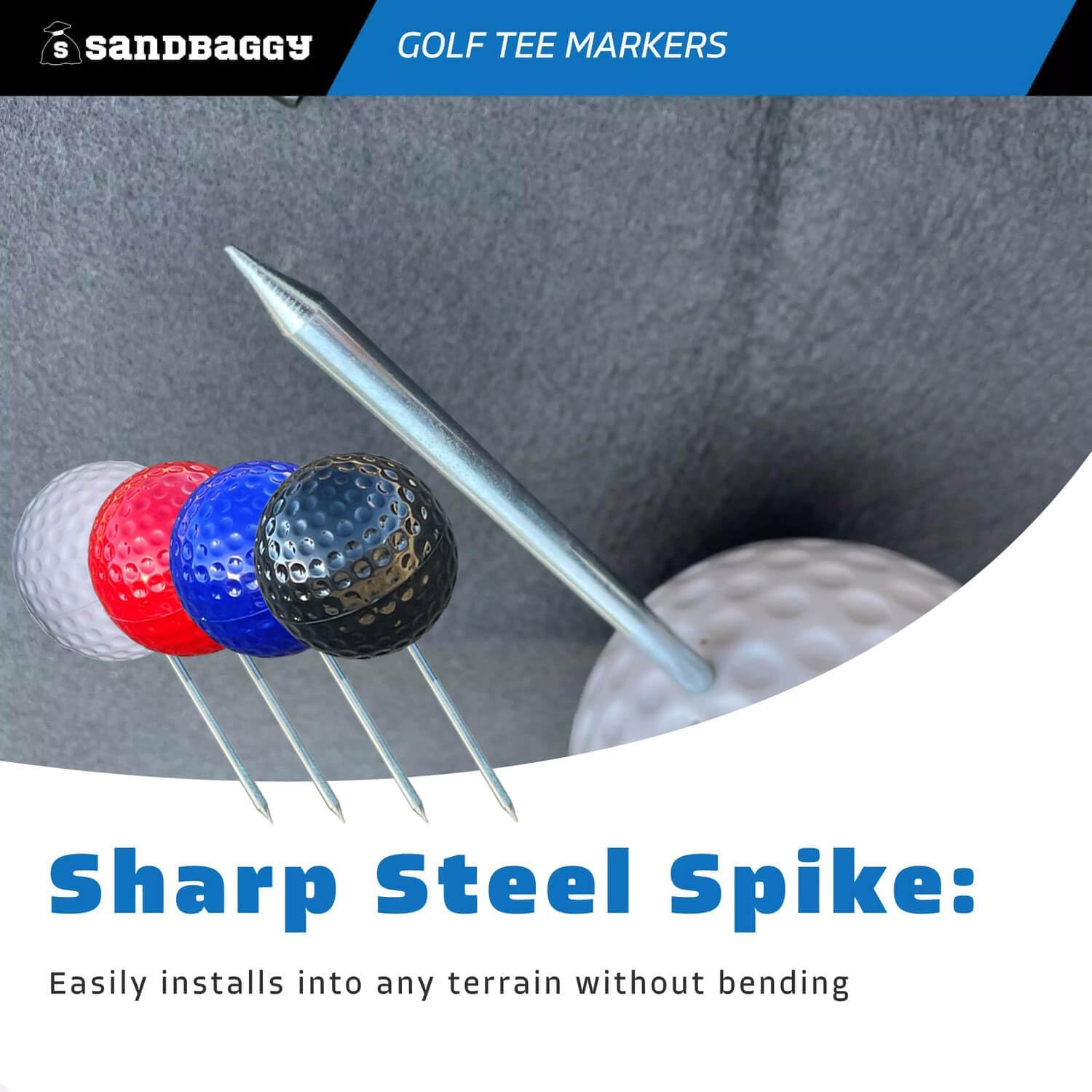 Sandbaggy Plastic Tee Markers for Golf Course (UV Resistant) - Steel Spike - Safety Caps Included