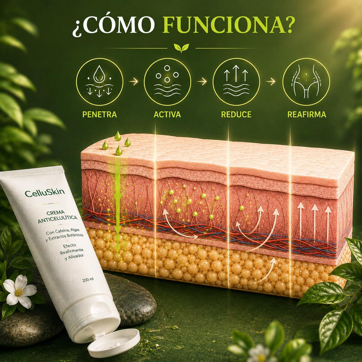 Crema Anticelulítica | Reafirmante Corporal con Cafeína, Centella Asiática, Algas y 14 Extractos Botánicos | Tratamiento para Celulitis y Piel de Naranja