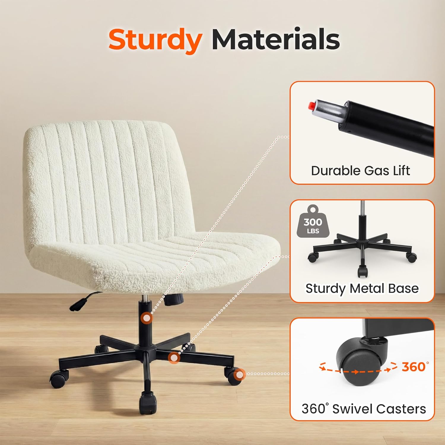 Orange Factory Criss Cross Chair Wheels Vanity Chair Office Desk Comfy Wide Cross Legged Armless Teddy Fabric Adjustable Swivel for Home Computer Task (White, Teddy Fleece)