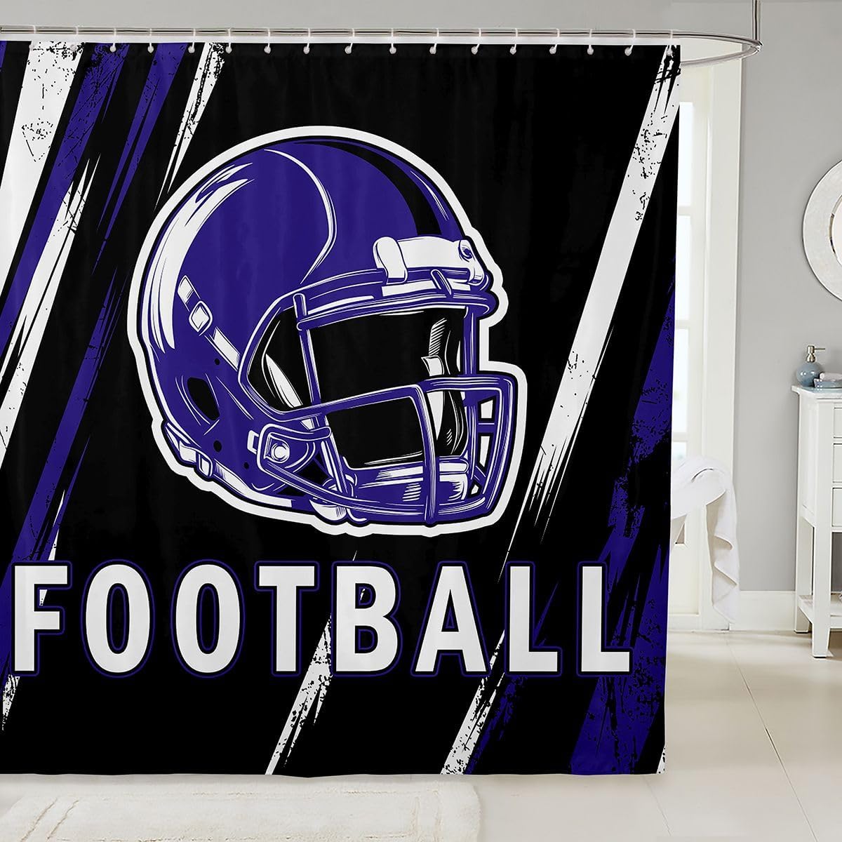 Erosebridal Sports Helmet Shower Curtain Gridiron Kids Bathtub Decor, Grunge Retro Ball Game Fabric Shower Curtain Rugby Yellow Stripes Bathroom Accessories 72" Wx78 L