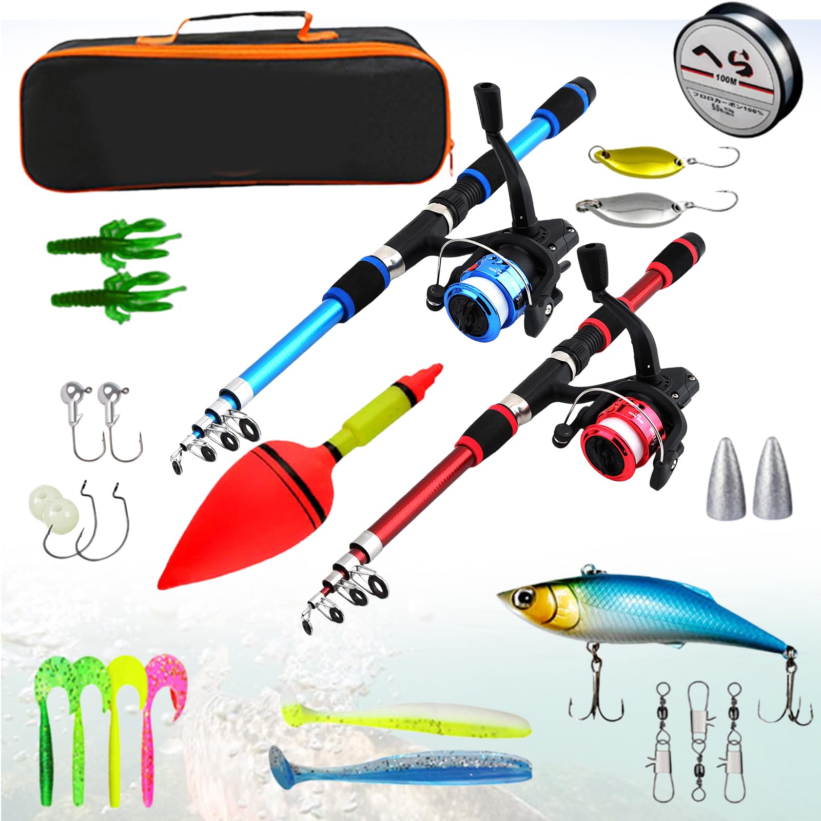 Kit de Canne à Pêche pour Enfants, Ensemble 2 Kit de Pêche pour Enfants, 180cm Télescopique Canne et Moulinet avec Moulinet Spincast pour Débutants,Kit D'initiation à La Pêche avec Sac