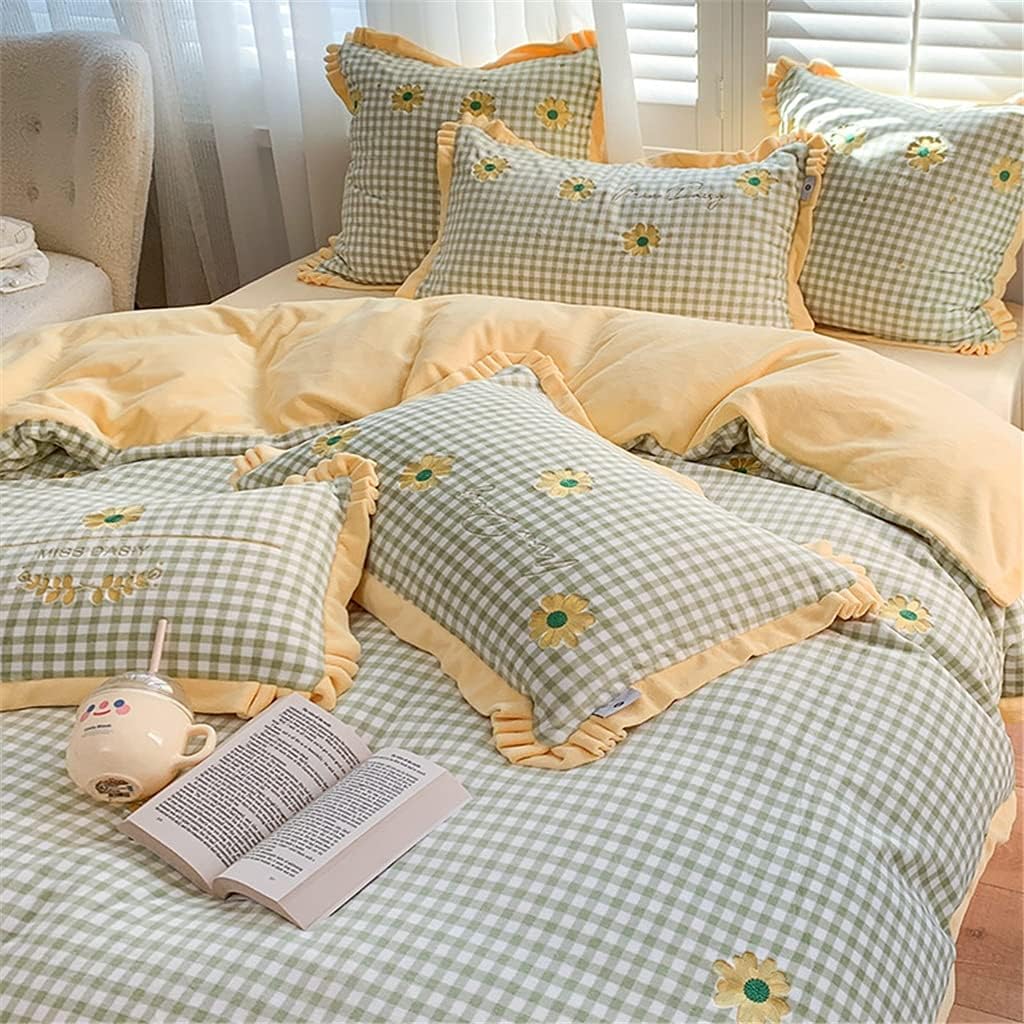 Small Fresh Velvet Daisy Embroidery Thick Four-Piece Set Autumn and Winter Wide-Sided Quilt Cover Sheet Warm Bedding (Colour: E Size: 2 m) (D 1.8 m)