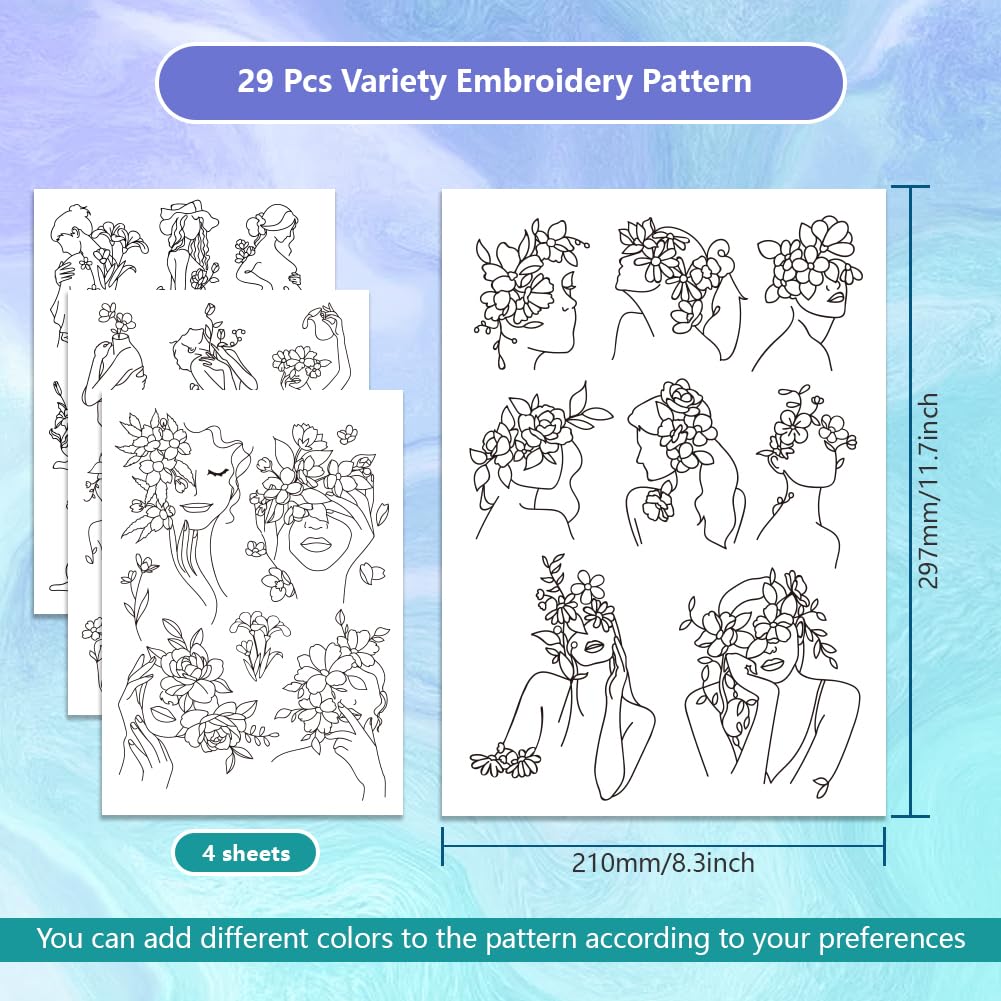 GLOBLELAND 4 Sheets Lady and Flower Water Soluble Stabilizer Hand Embroidery Stick and Stitch for DIY Sewing Embroidery Adhesive Hand Sewing Stabilizers 11.7x8.3inch