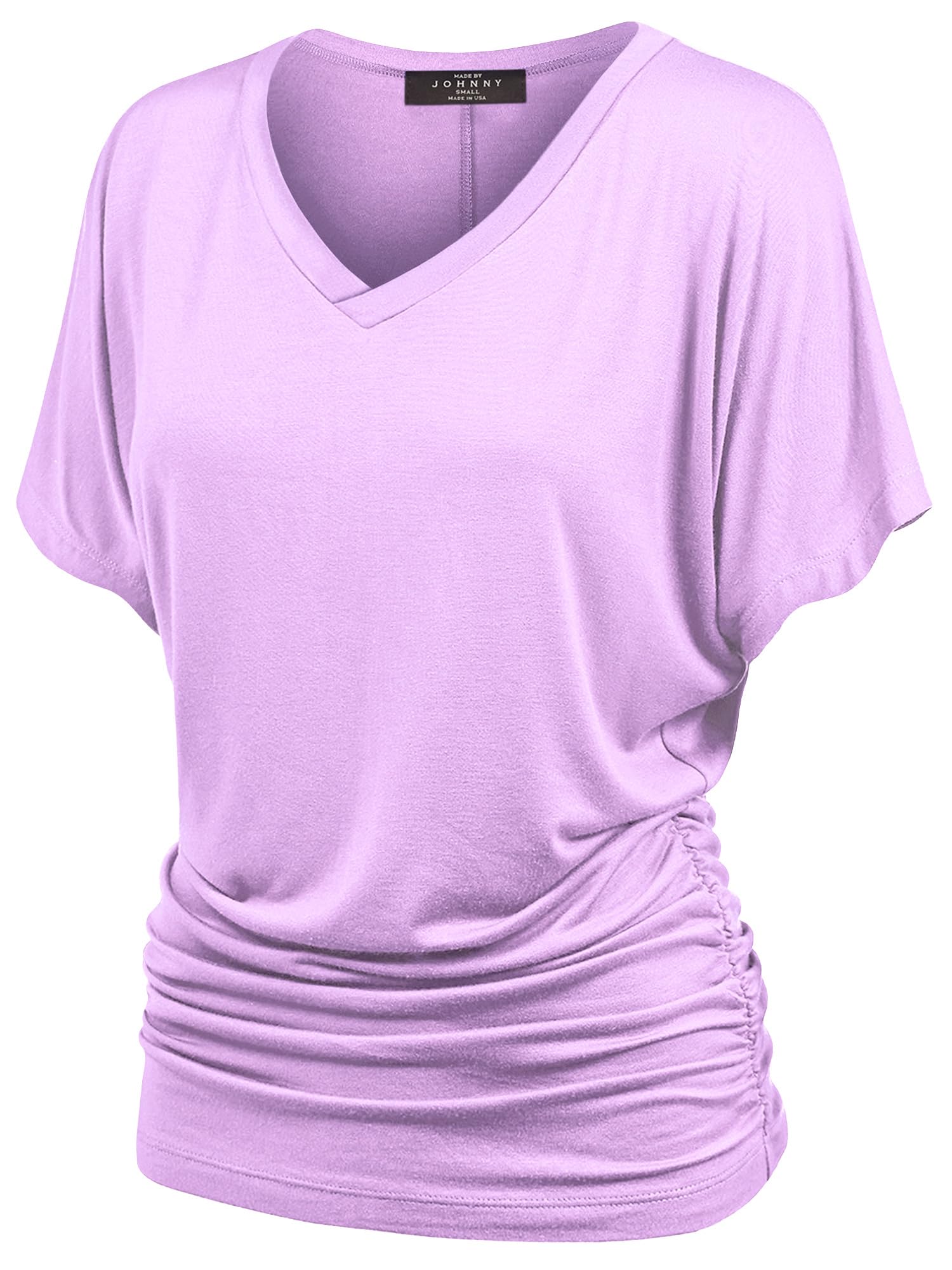 Made By Johnny Women's Casual Solid Short Sleeve Boat Neck/V Neck Dolman Top T Shirt with Side Shirring