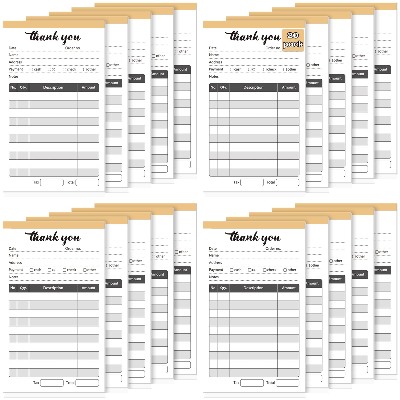 Ctosree 20 Pack Thank You Receipt Book, 2 Part Carbonless Sales Invoice Book, 3.5 x 5.5 Inch, 50 Set Each Pad, Sales Receipt Form for Small Business