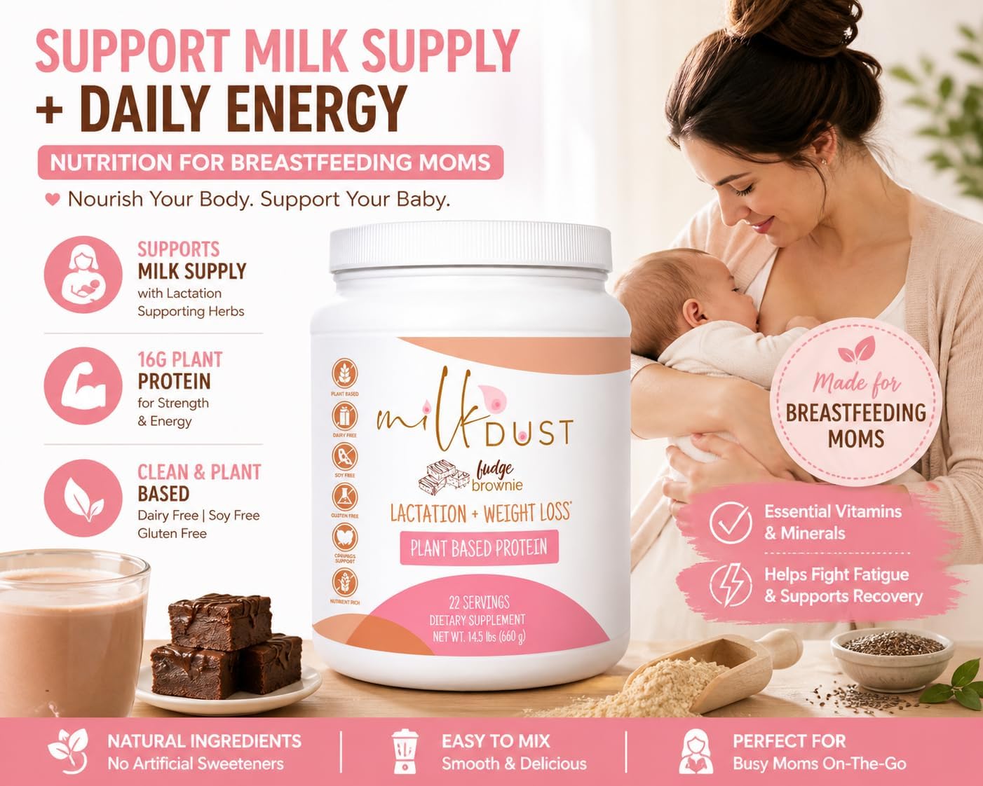 MILK DUST Lactation Protein Powder, Vegan, Boost Milk Supply, Fudge Brownie image 2