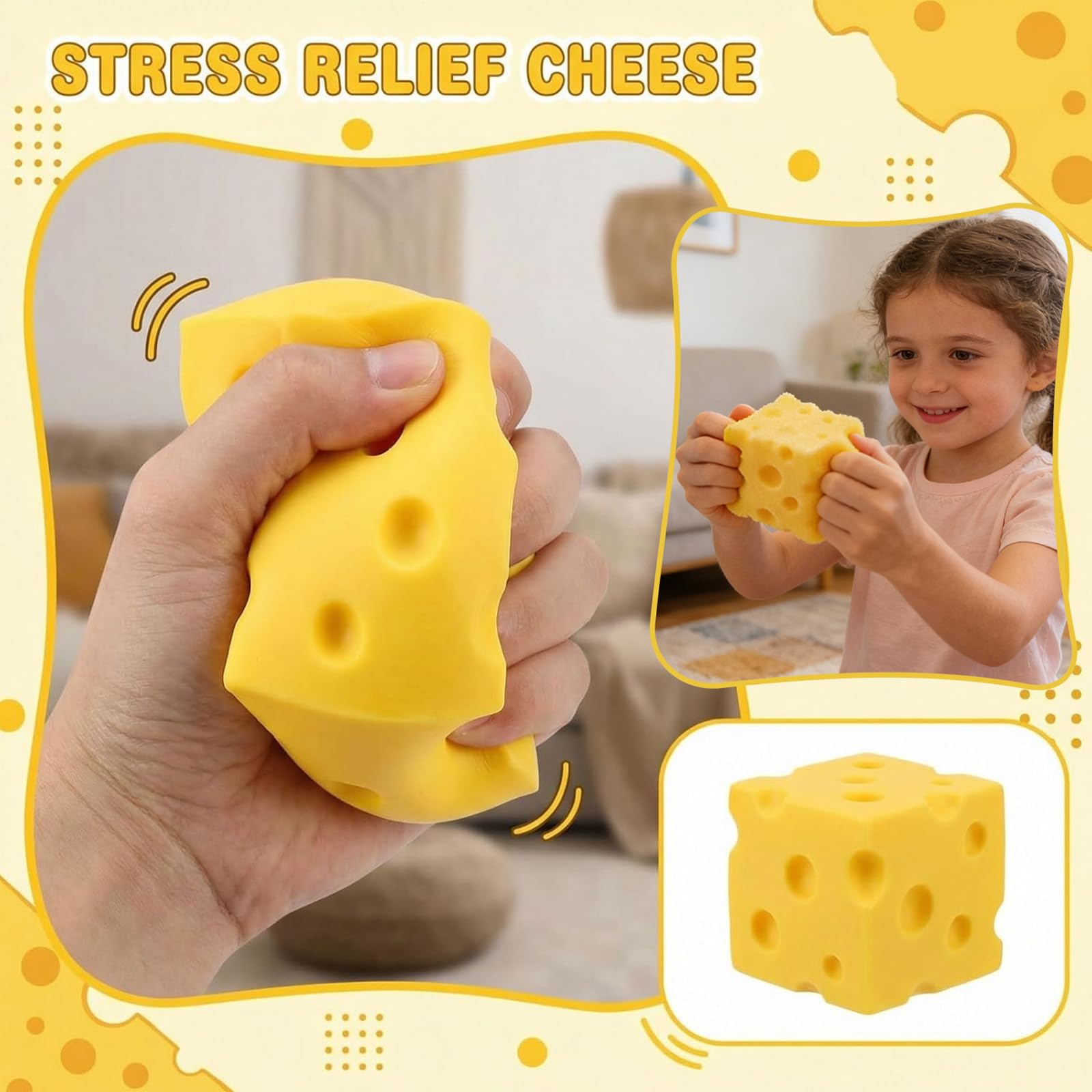 Cheese Squishy,Cheese Squishy Cube,Rebound Shapeable Squeeze Ball,Sensory Fidget Toys for Adults Stress Relief (5cm) — view 2