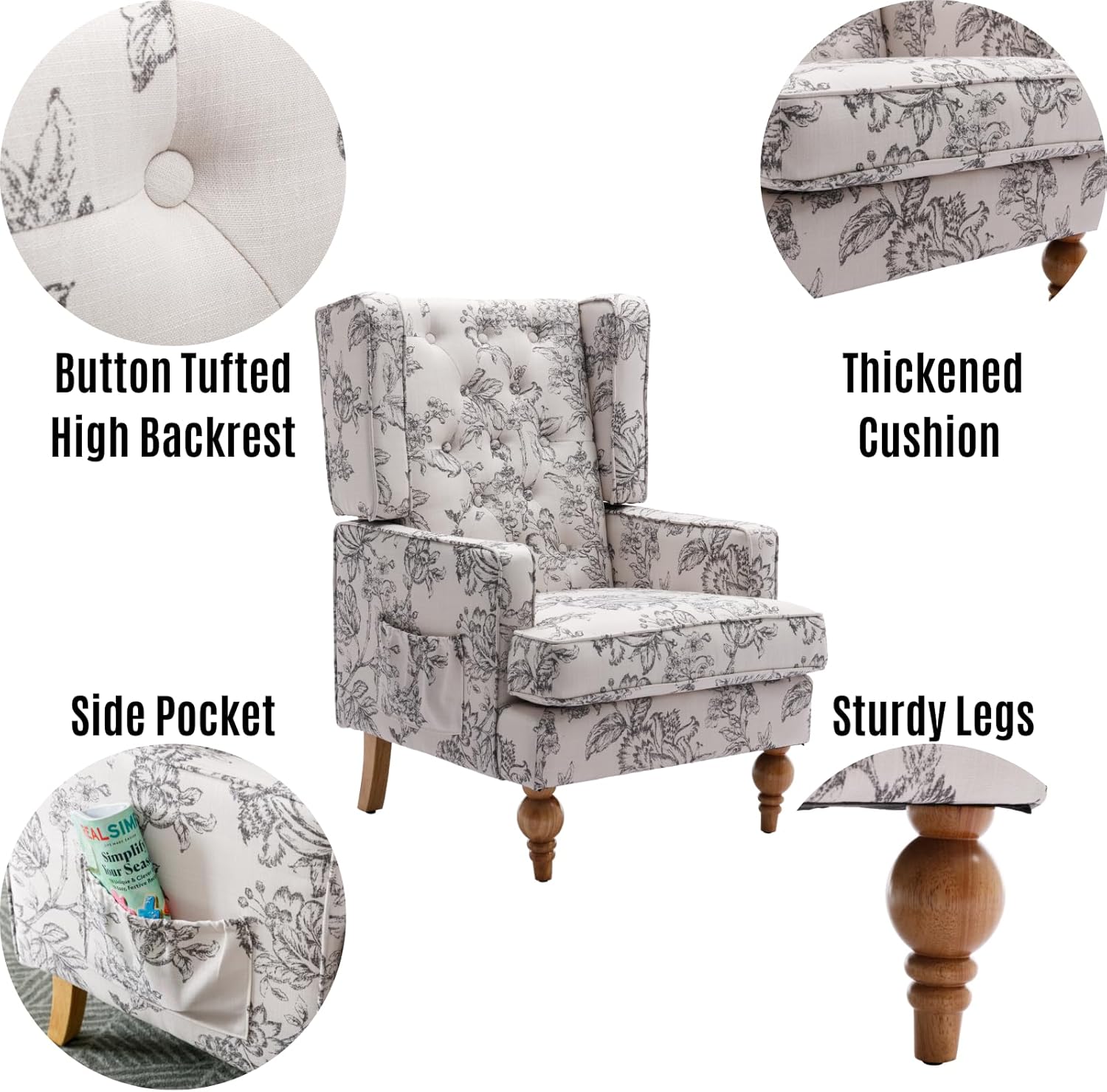 LukeAlon Button Tufted Linen Accent Chair, Upholstered Club Chair with Wooden Legs Vintage High Wingback Reading Chair Comfy Armchair with Pocket for Living Room Bedroom, Floral Beige