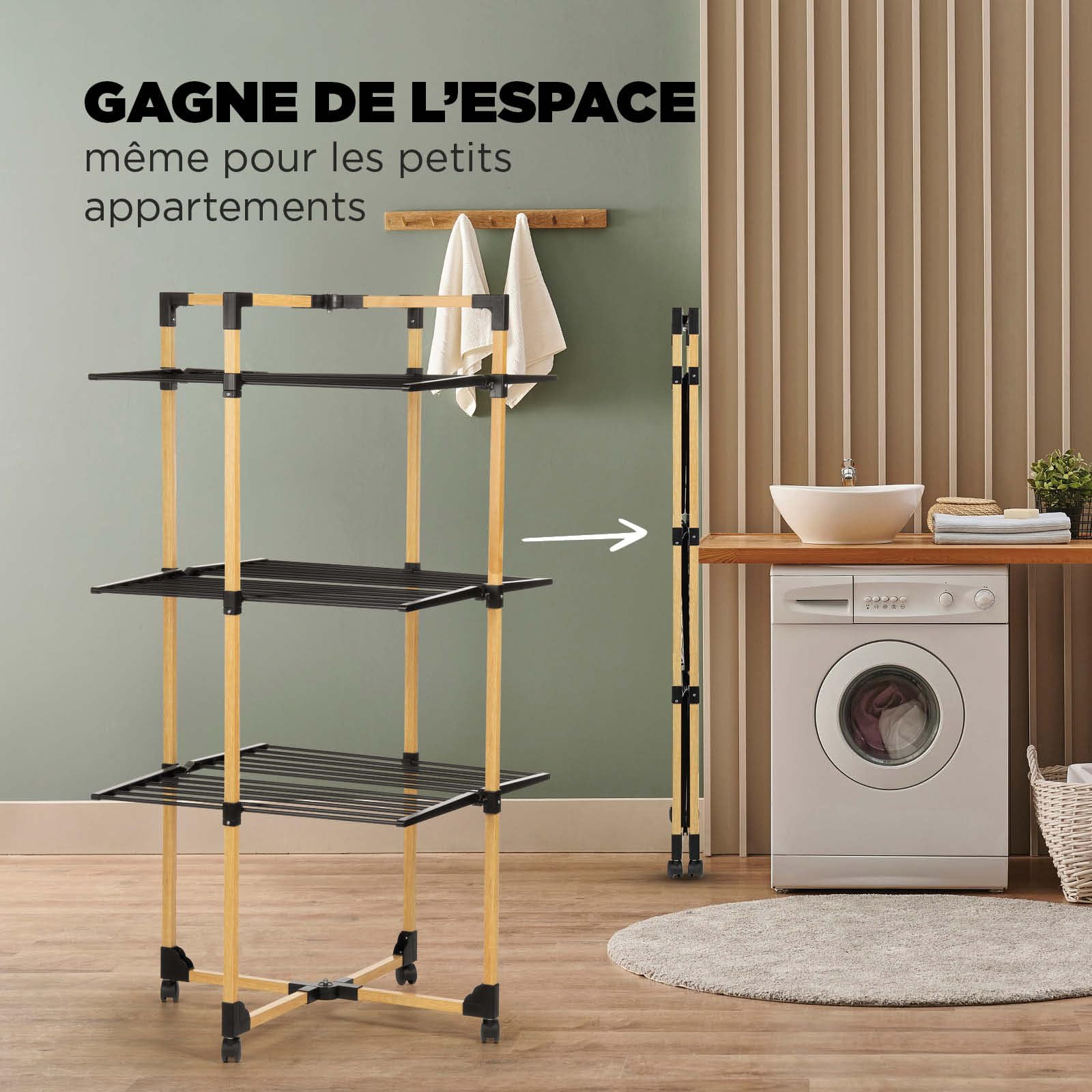 VITAPUR Séchoir à Linge Pliable - Séchage à Plusieurs Niveaux - 69 x 136 x 69 cm - Jusqu'à 20 kg de Linge - Idéal pour Les Petits Appartements - Roues Stables