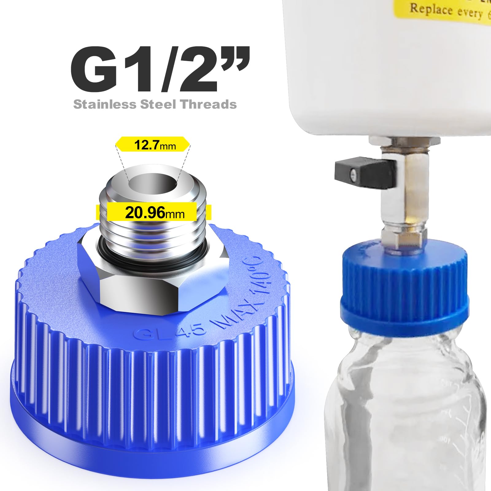 GL45 Liquid Media Cap with Stainless Steel Threads for Industrial Laboratory Liquid Extraction, 1pcs (1/2