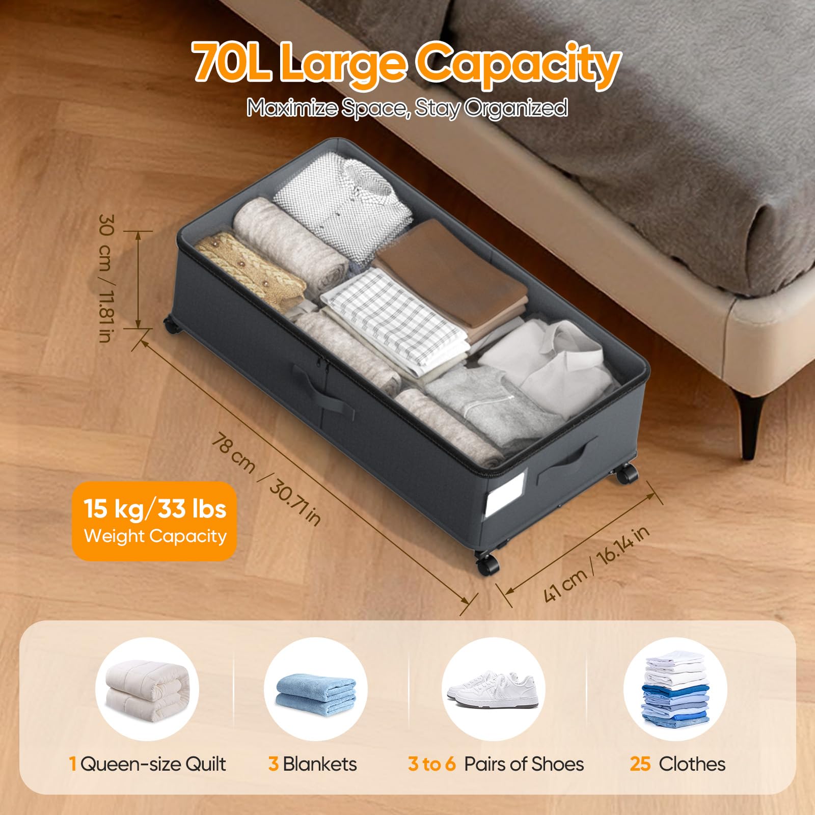 Contenitore sotto il letto con ruote, confezione da 2 contenitori scalabili sotto il letto con coperchi, organizer per scarpe sotto il letto, cassetti per vestiti, scarpe, giocattoli, ecc