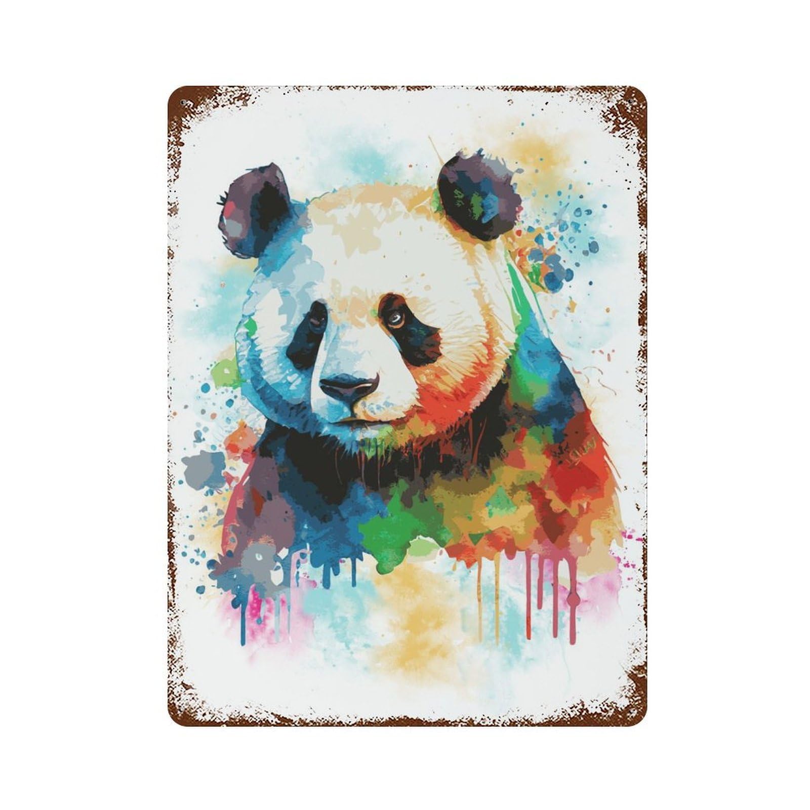 Weathered Tin Sign with Watercolor Panda Painting Design 15.7"x11.8", for Basement, Hobby Room And Garage Decor, Industrial Home Decor