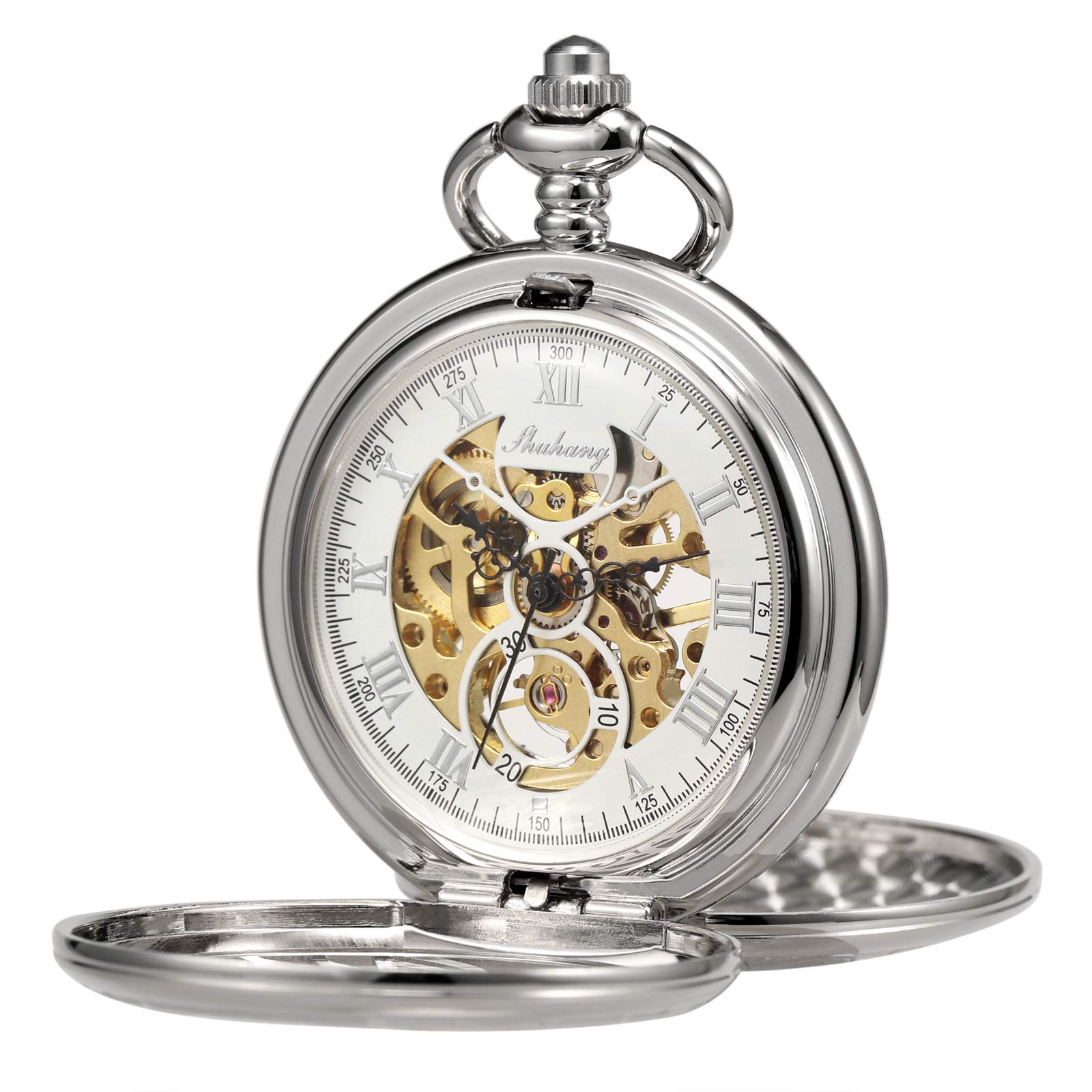Treeweto Montre à Gousset mécanique avec Ailes d'aigle Double boîtier Creux Chiffre Romain avec chaîne Coffret Cadeau