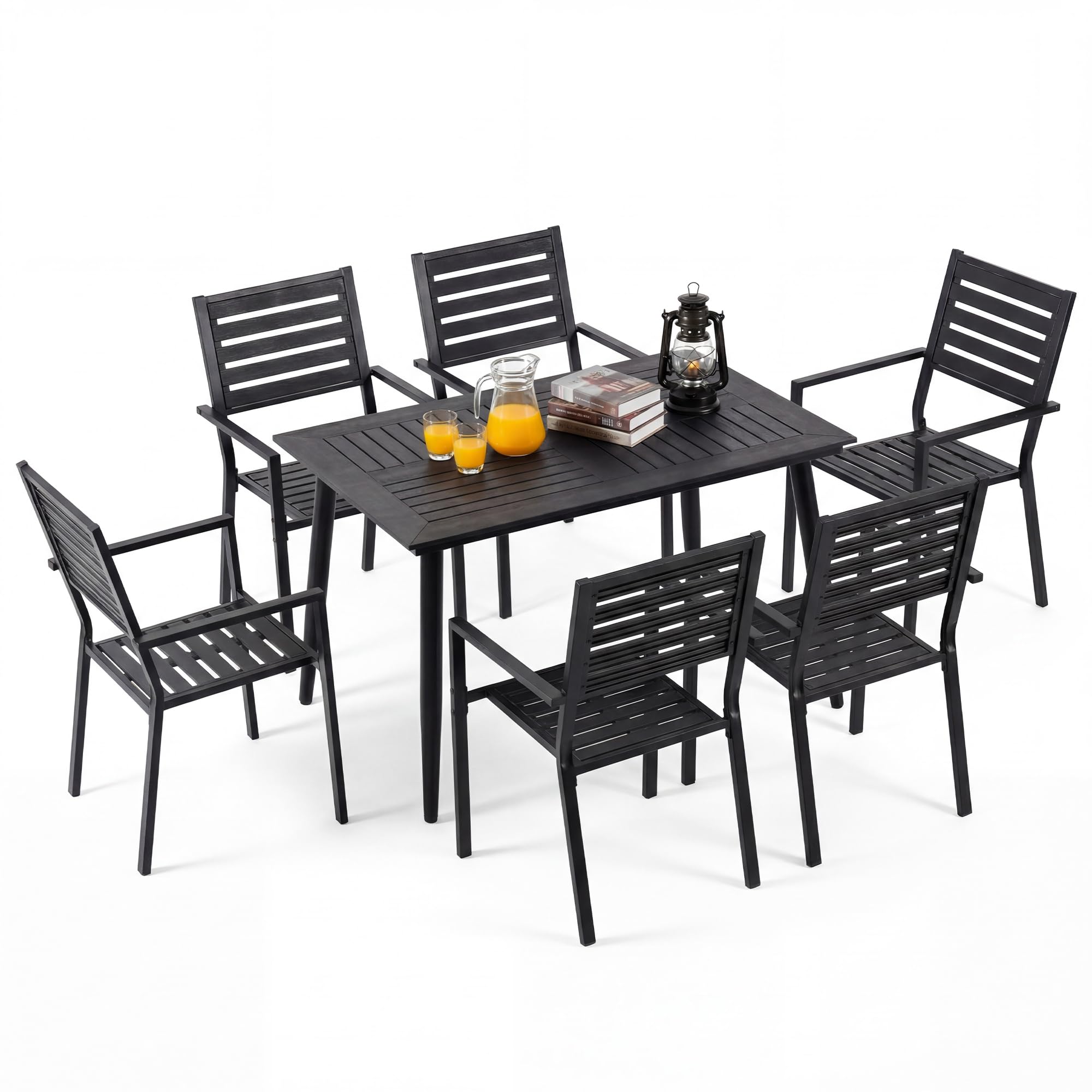 Gartenmöbel Set 4/6 Personen, Wetterfeste Sitzgruppe Outdoor mit Großem Gartentisch und Stapelstühlen, Stabiler Esstisch aus Gusseisen für Garten Terrasse Balkon, Schwarz (1 Tisch + 6 Stühle)
