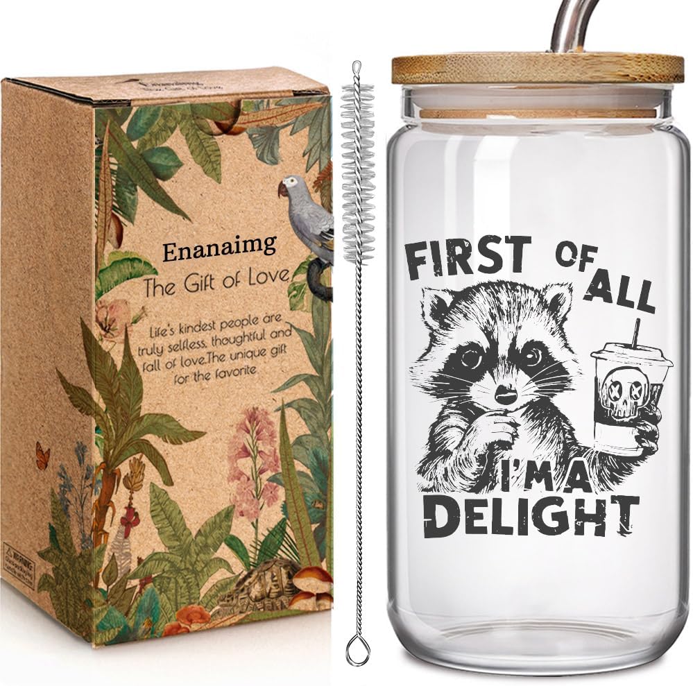 First Of All, I'm A Delight Funny Raccoons 16oz Glass Cup with Bamboo Lid and Straw Gifts for Raccoon Lovers Girl, Raccoon Gift, Sarcastic Raccoons-themed Coffee Cup For Women