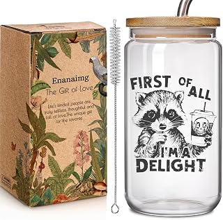 First Of All, I'm A Delight Funny Raccoons 16oz Glass Cup with Bamboo Lid and Straw Gifts for Raccoon Lovers Girl, Raccoon Gift, Sarcastic Raccoons-themed Coffee Cup For Women