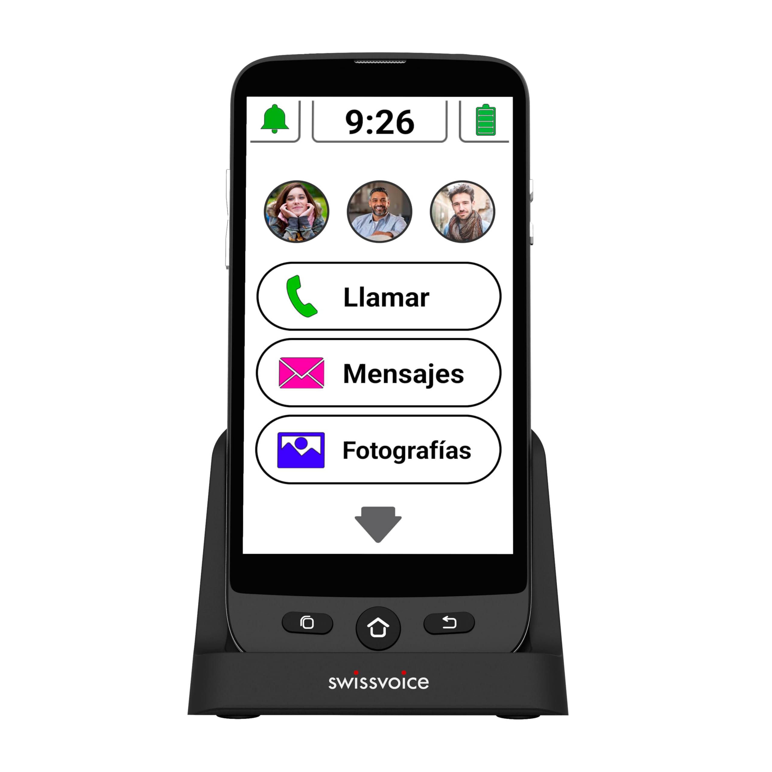 swissvoice S510-C 4G Smartphone para Personas Mayores Que utilizan el teléfono principalmente en casa - Teléfono móvil fácil de Usar con Teclas Grandes, Base de Carga y Correa para el Cuello