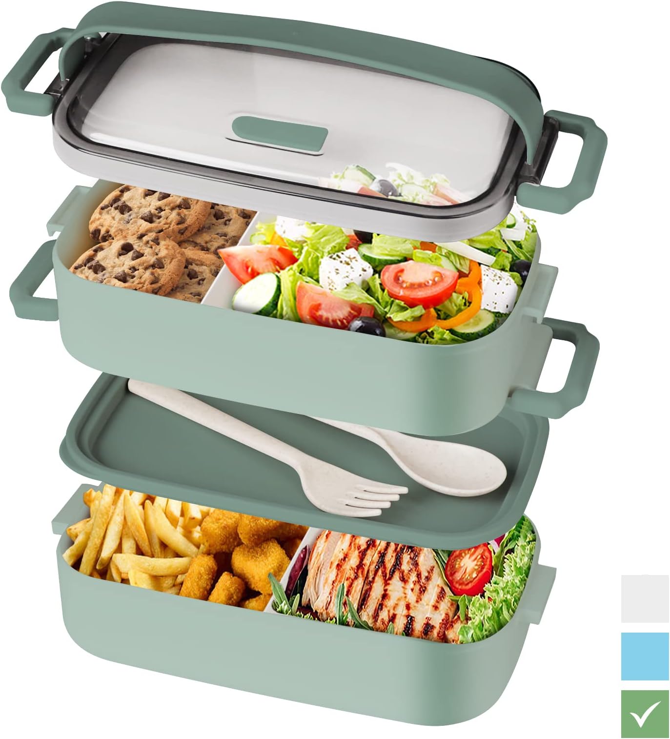 Bento Box Lunch for Adult, Stackable with 2 Compartment, Include Utensil Set, Leak-Proof, Safe Microwave and Dishwasher, BPA-Free 1600ML Green