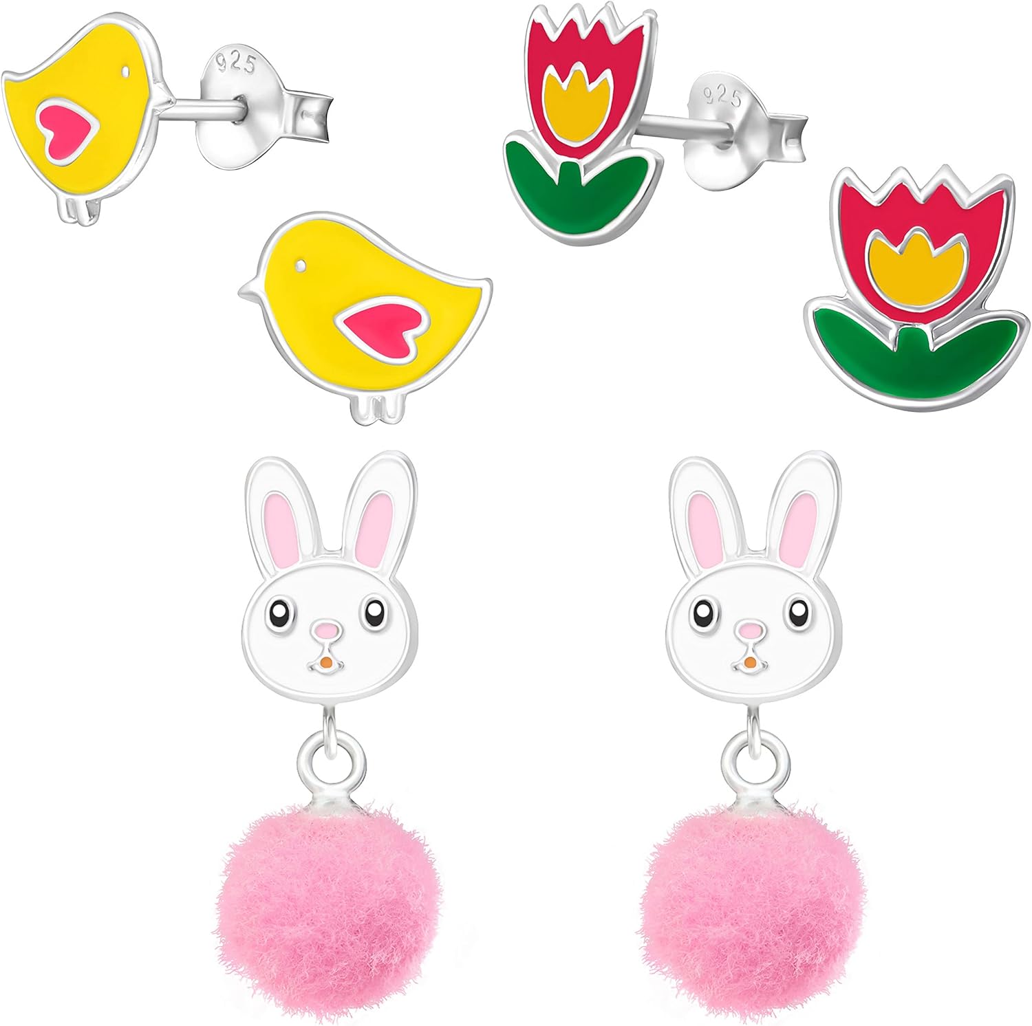925 Sterling Silver NEW Set of 3 Pairs Easter Bunny, Tulip Flower, Chick Set Stud Earrings (Nickel Free) 20509