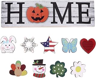 Interchangeable Home Table Sign, Decorative Sign Front Door Decoration with 10pcs Seasonal Icons Wooden Interchangeable HOME Sign for Holiday Decor Home Letter Sign Ornaments Set