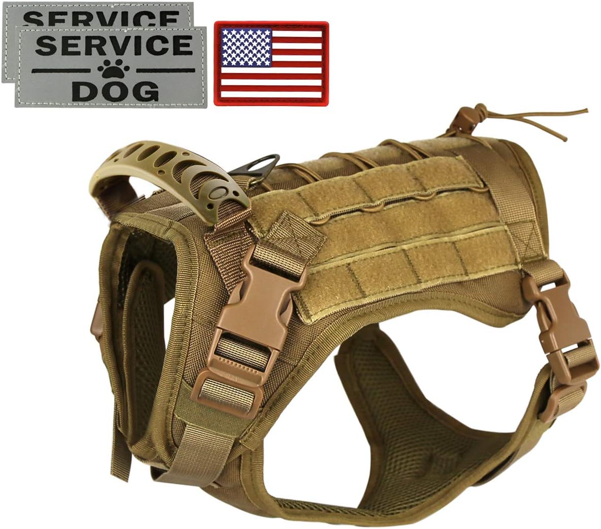Tactical Service Dog Vest Harness for Medium Large Dog, Military K9 Training Dog Vest with Molle & Loop Panels Adjustable Tactical Harnesses with Handle (M, Khaki)