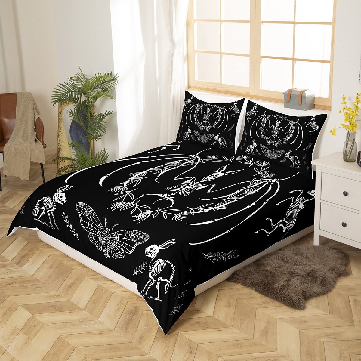 Feelyou Skull Duvet Cover Bat Skeleton Comforter Cover Boho Moth Gothic Skull Bedding Set Kids Boys Girls Adults Halloween Themed Bed Set Ultra Soft Horror Room Decor Queen Size Zipper (No Comforter)