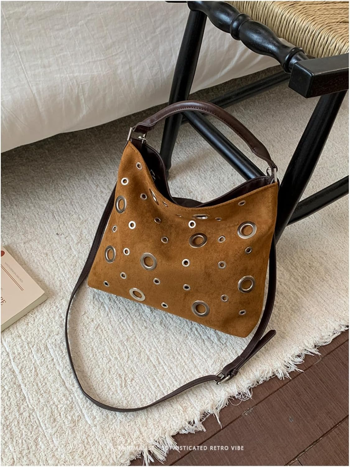 Suede Hobo Bag for Women Studded Grommet Crossbody Tote Vintage Slouchy Shoulder Handbag Stylish Fall Purse - Image 2