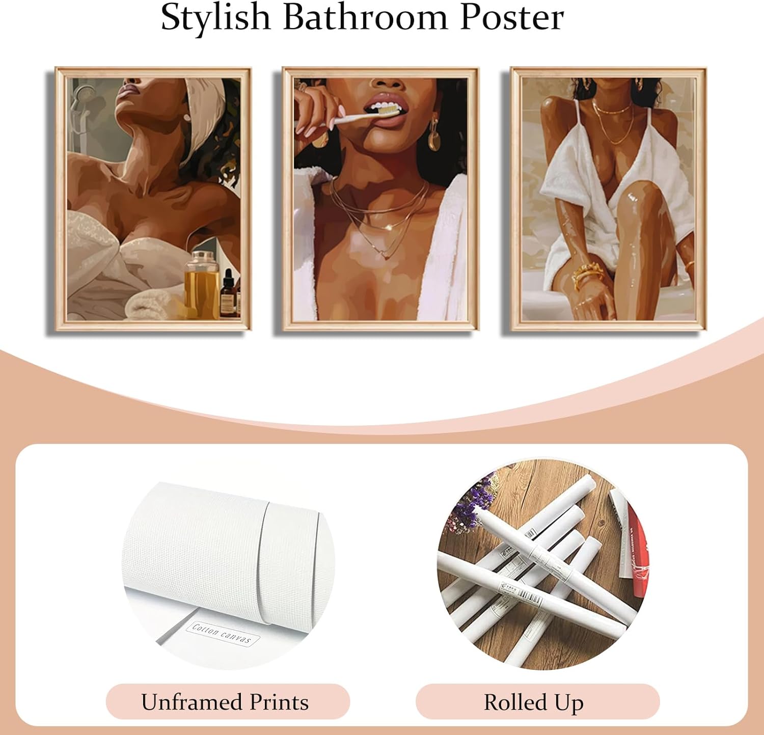 VONFRAENIT 3 Pcs Fashion Black Girl Bathroom Wall Art African American Women Painting Funky Girl Room Wall Decor Pictures for Powder Room Restroom Dorm Bathroom Apartment Decorations Unframed