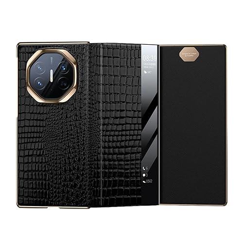 HAO RIYLN Case for Huawei Mate XT, Window View Function Genuine Leather Flip Cover Luxury Crocodile Pattern Folio Full Body Shockproof Case Shell,Black,Mate XT