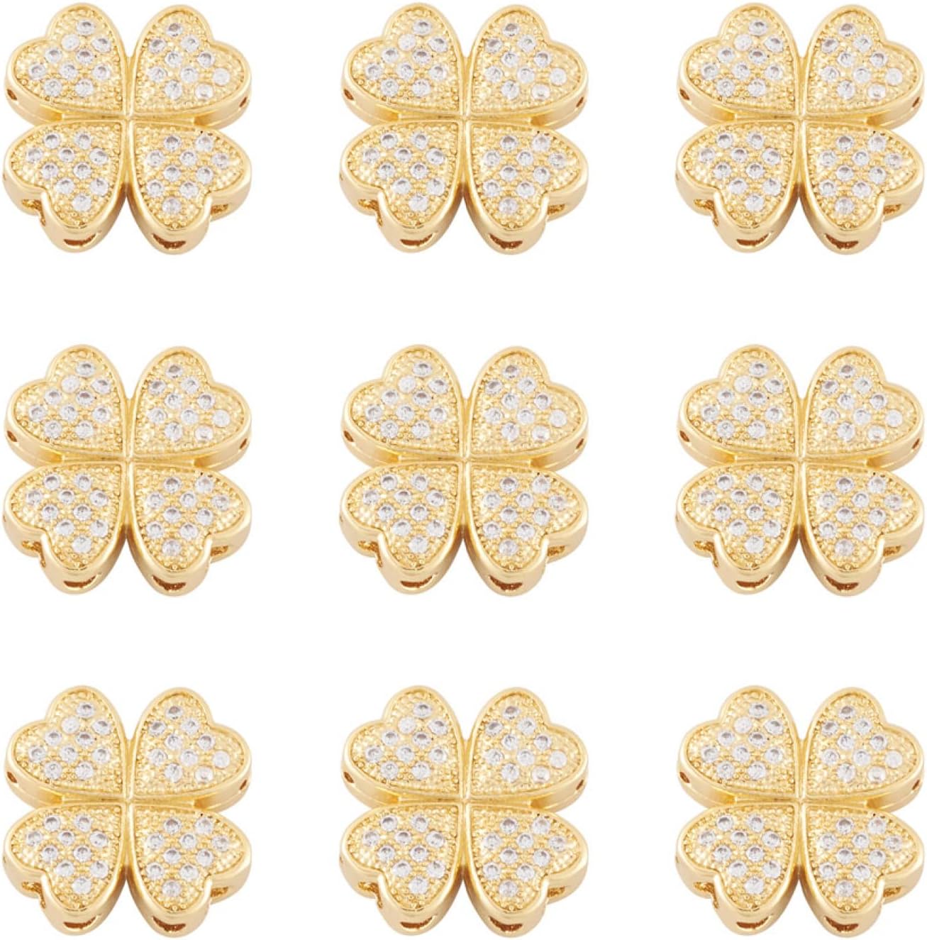 Beadthoven 10pcs Real 18K Gold Plated Clover Cubic Zirconia Beads St. Patrick's Day Shamrock Crystal Beads Mini Four Leaf Clover Metal Beads Spacers for Jewelry Making Bracelet Necklace Findings