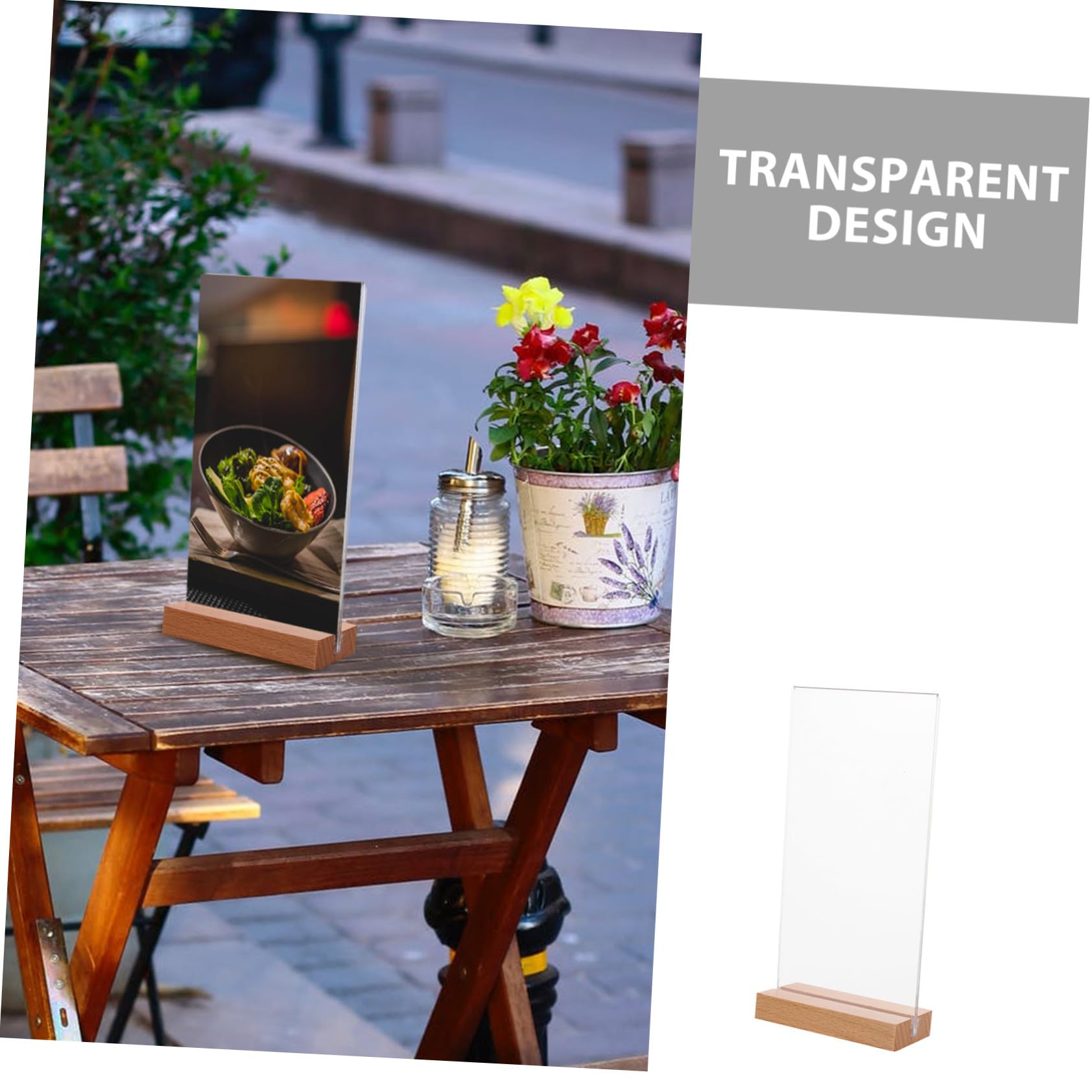 5 Piezas Soporte Vertical Acrílico para Menús con Base Madera T Exhibidor Transparente para Mesa Restaurante Oficina y Eventos
