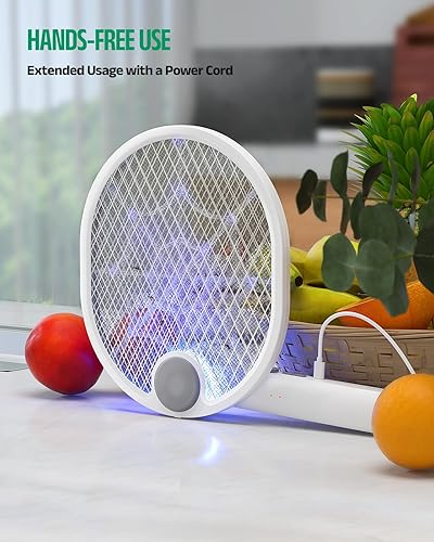 Miniatura 5 de Buzbug Matamoscas eléctrico, matamosquitos recargable tipo C, plegable, doble mano y modo Zap automático, potente raqueta de 3800 V para matamoscas
