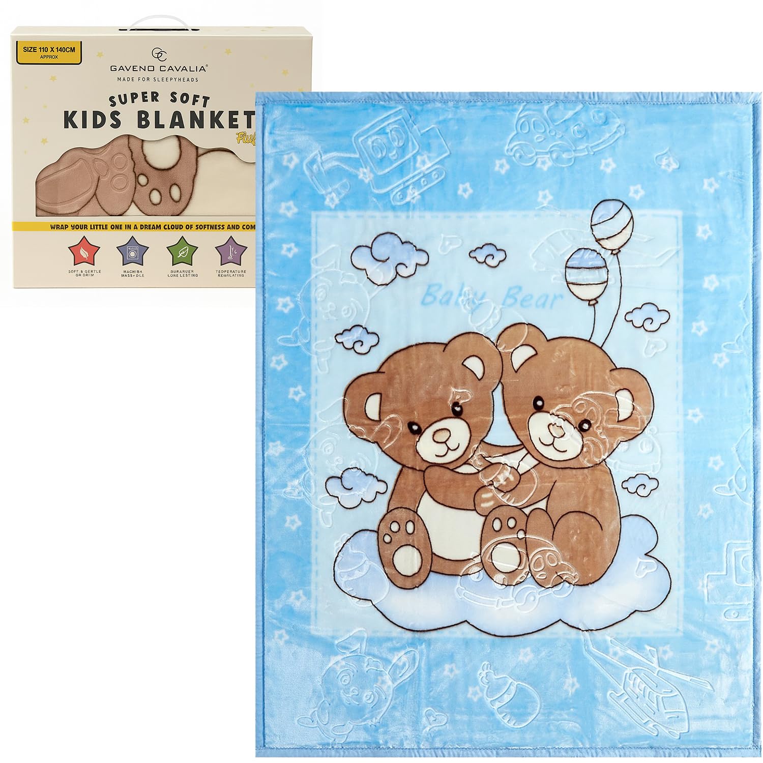 Kids Blankets Throw New Born Baby Gift Box Throws Luxury Ultra Soft Fluffy Warm Cosy Thick Children Bed Sofa Blanket For Girls and Boys 110x140 CM (Teddy Friends Blue)