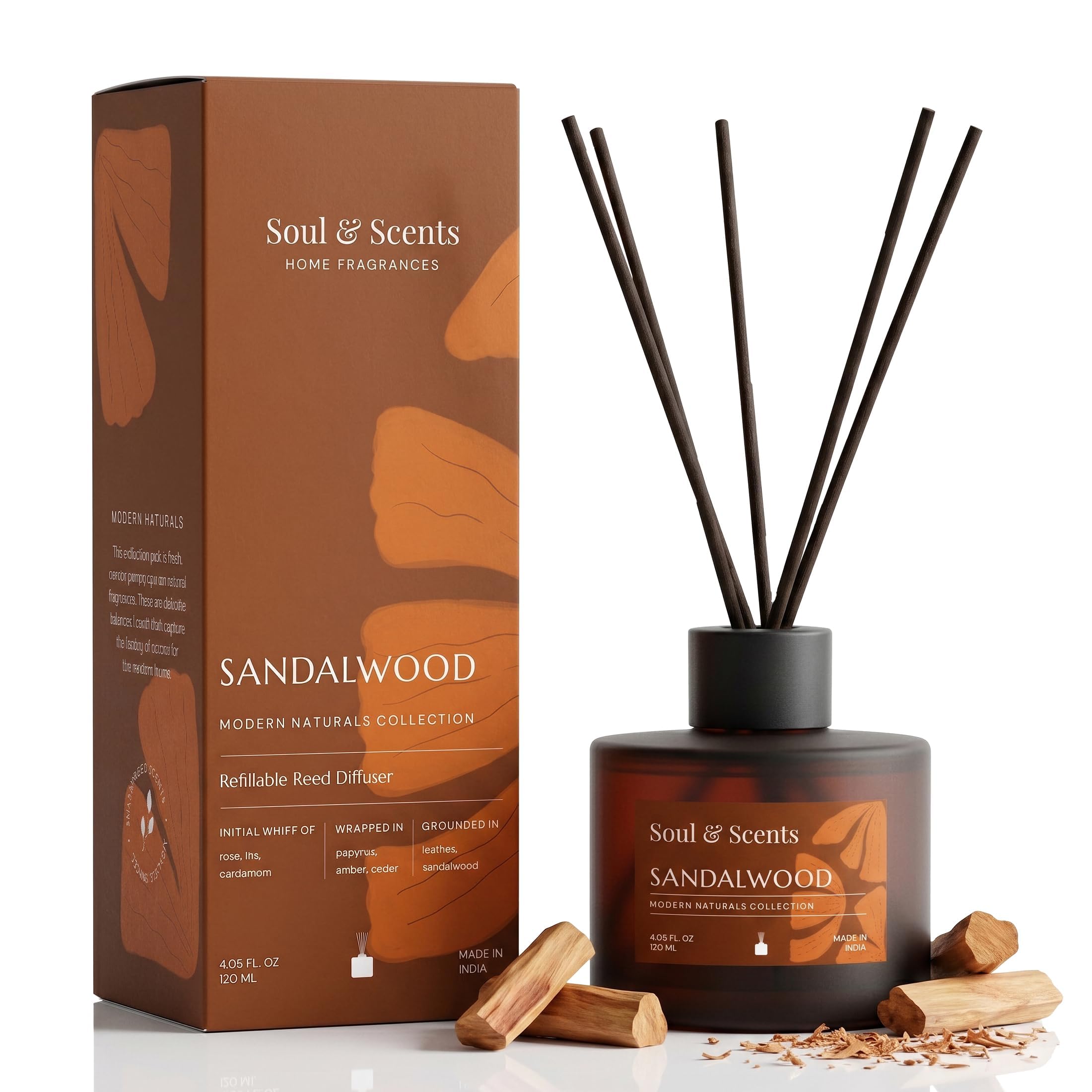 Soul & Scents 120ml Sandalwood Reed Diffuser Set | Free 6 Fiber Reed Sticks | Stress Relief & Aromatherapy | Long-Lasting, Smoke-Free Air Freshener for Home, Bedroom & Office | Ideal for Gifting-image-2
