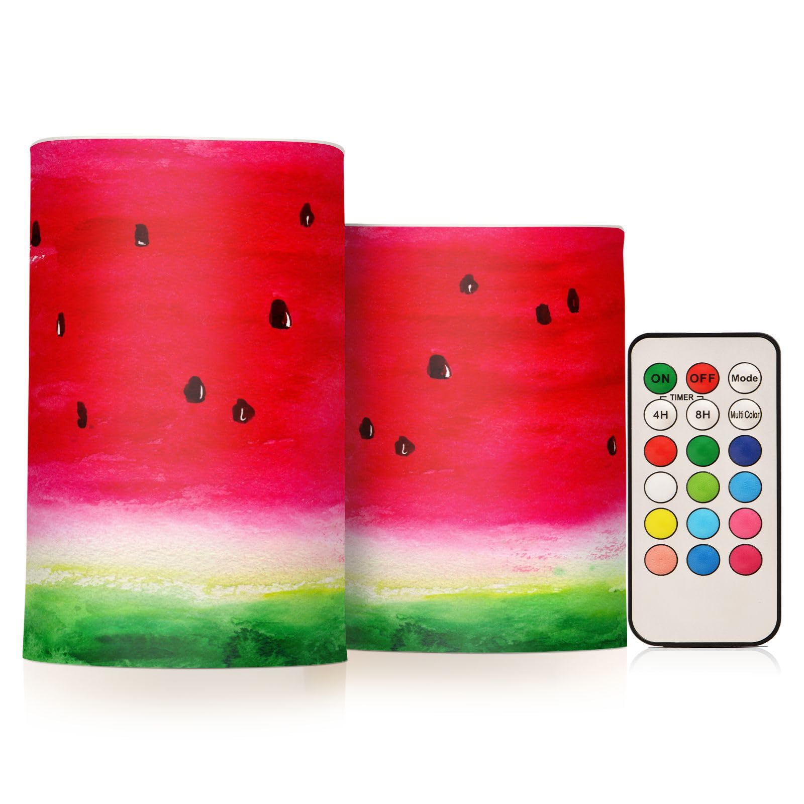 Eionryn Red Watermelon Flameless Candles Summer Tropical Fruits Battery Operated LED Candles with Remote Timer Electric Candles for Home Party Decor 2pcs