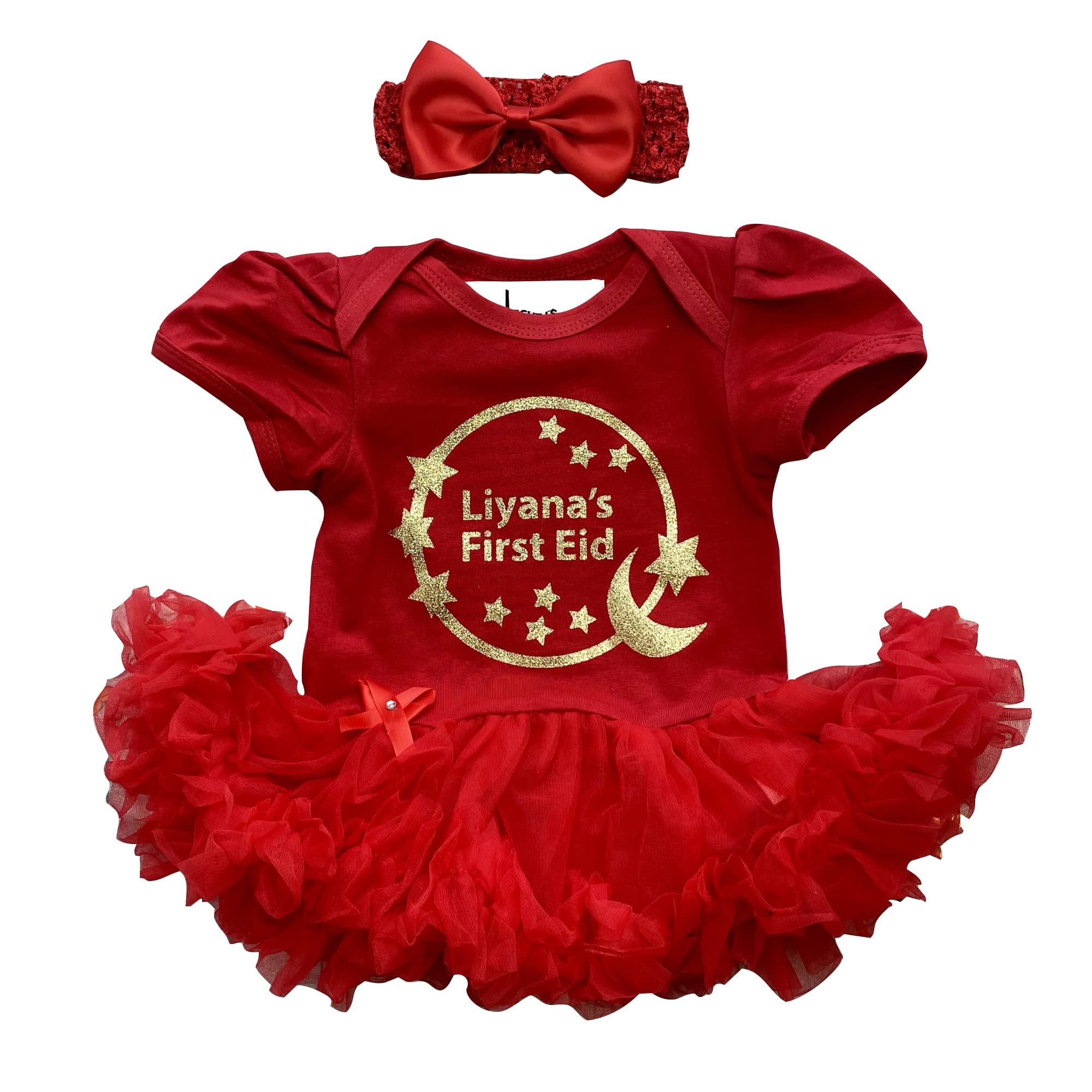 Little Secrets Clothing Women's Red Personalized Baby Girls First Eid Dress - Newborn Tutu Romper With Bow Headband - Ramadan Princess Outfit