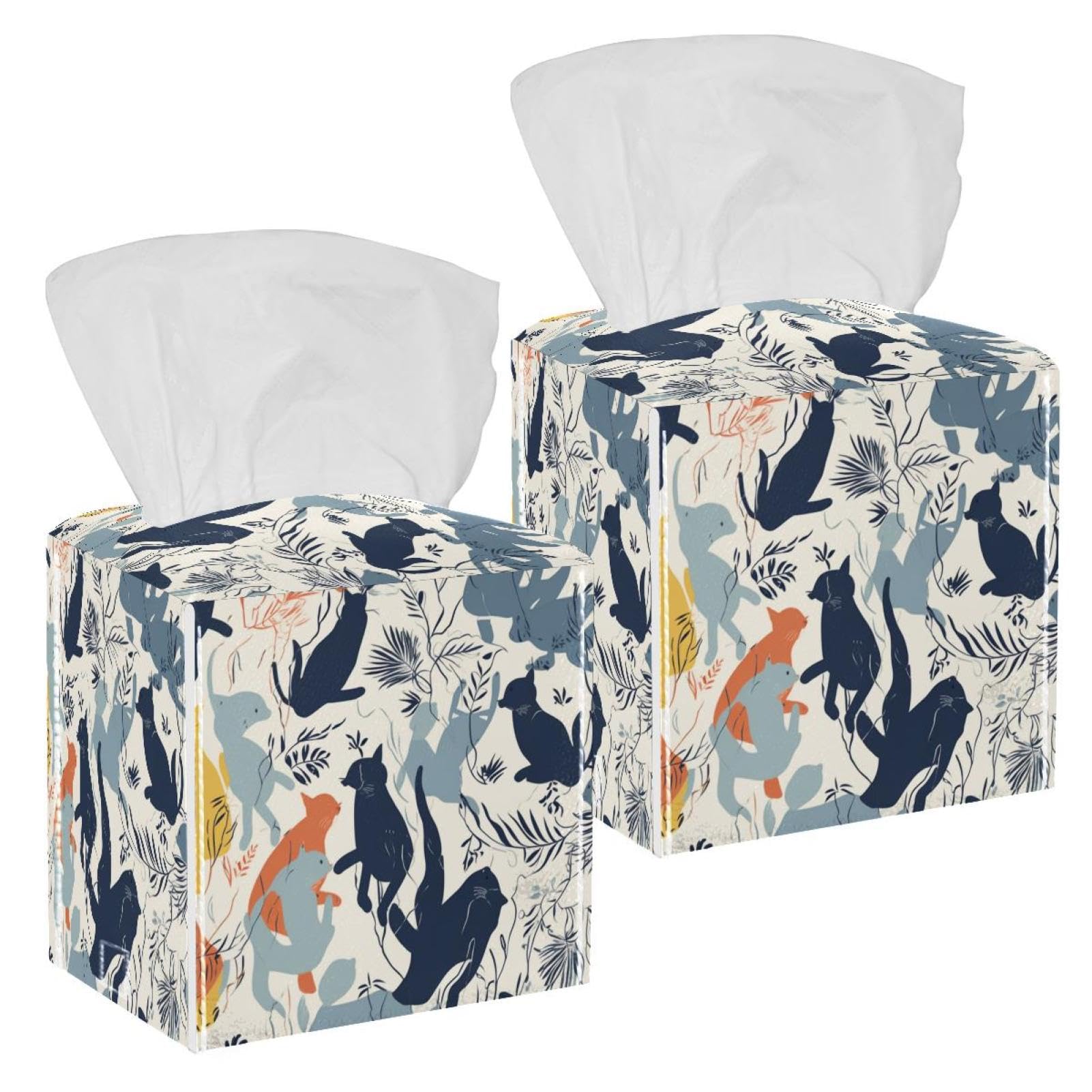 Cats Tissue Box Cover, 2 Pack PU Leather Square Facial Tissue Dispenser Box holder for Home Office Car