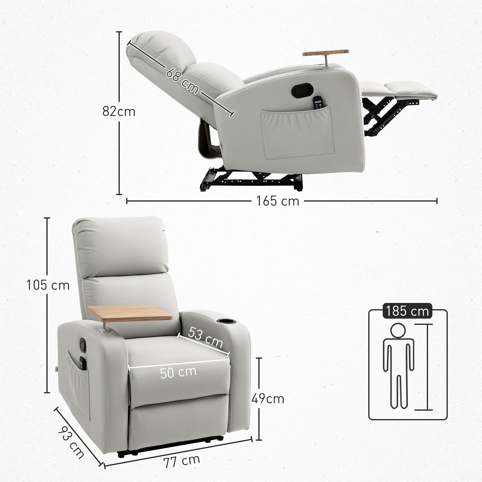 HOMCOM Sillón de Masaje con 8 Puntos de Masaje Sillón Relax Eléctrico Sofá Relax con 4 Modos Reclinación 145° Mando a Distancia Mesita 2 Bolsillos Laterales y Posavasos 77x93x105 cm Gris Claro