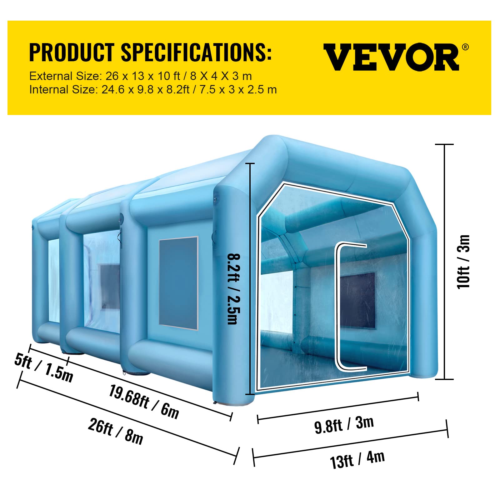 VEVOR Cabine de Peinture Gonflable, 8x4x3 m, Tente Peinture Gonflable Automobile en Tissu Oxford 210 D, avec 2 souffleurs puissants et système de Filtre à air, Station de Travail pour Garage, Atelier