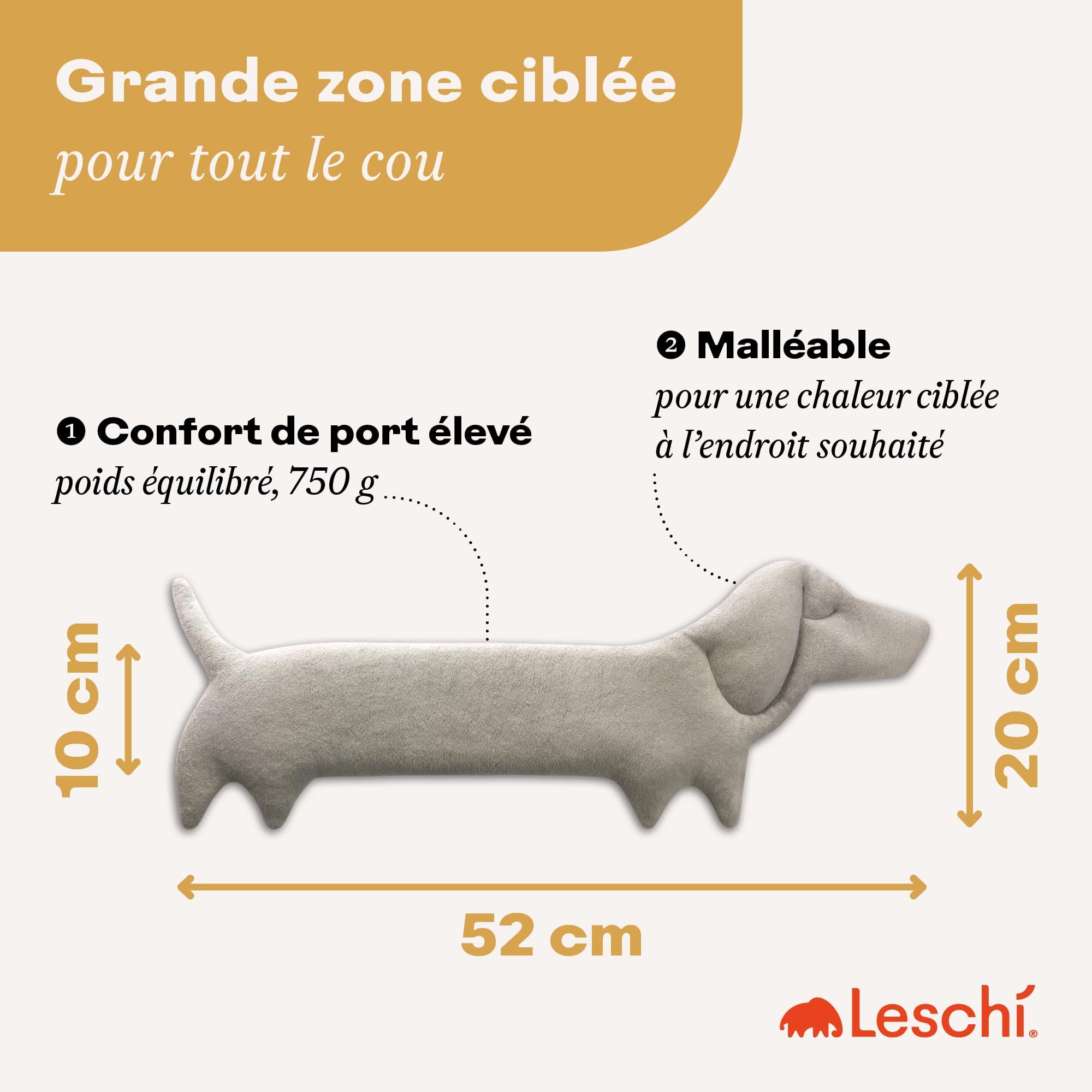 LESCHI Coussin chauffant micro ondes (52x20cm) en coton 100% bio, Chien gris, Bouillotte graines de blé 100% bio, Bouillotte micro-ondes idéale pour réchauffer cervicale, épaules, cou, nuque