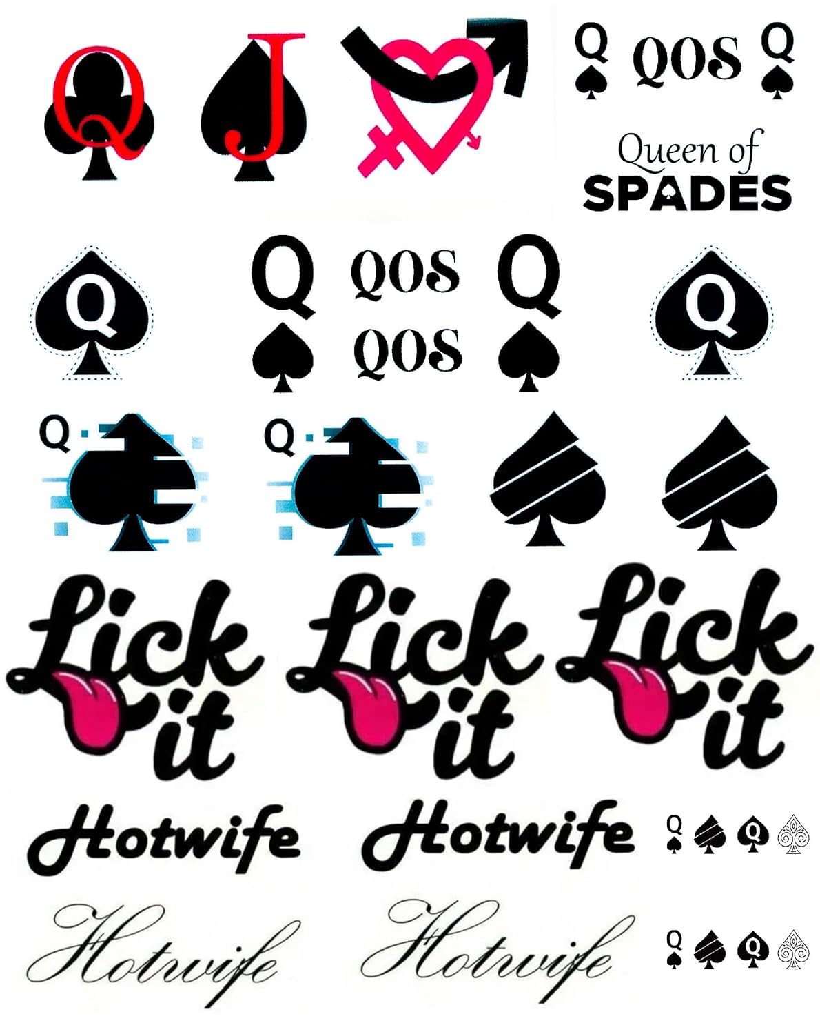 BBC Queen of Spades temporäre Tattoo-Aufkleber, insgesamt 81 (15 x 21 cm), QOS Hardcore-Wörter, Sätze, temporäre Tattoos, 4 Bögen
