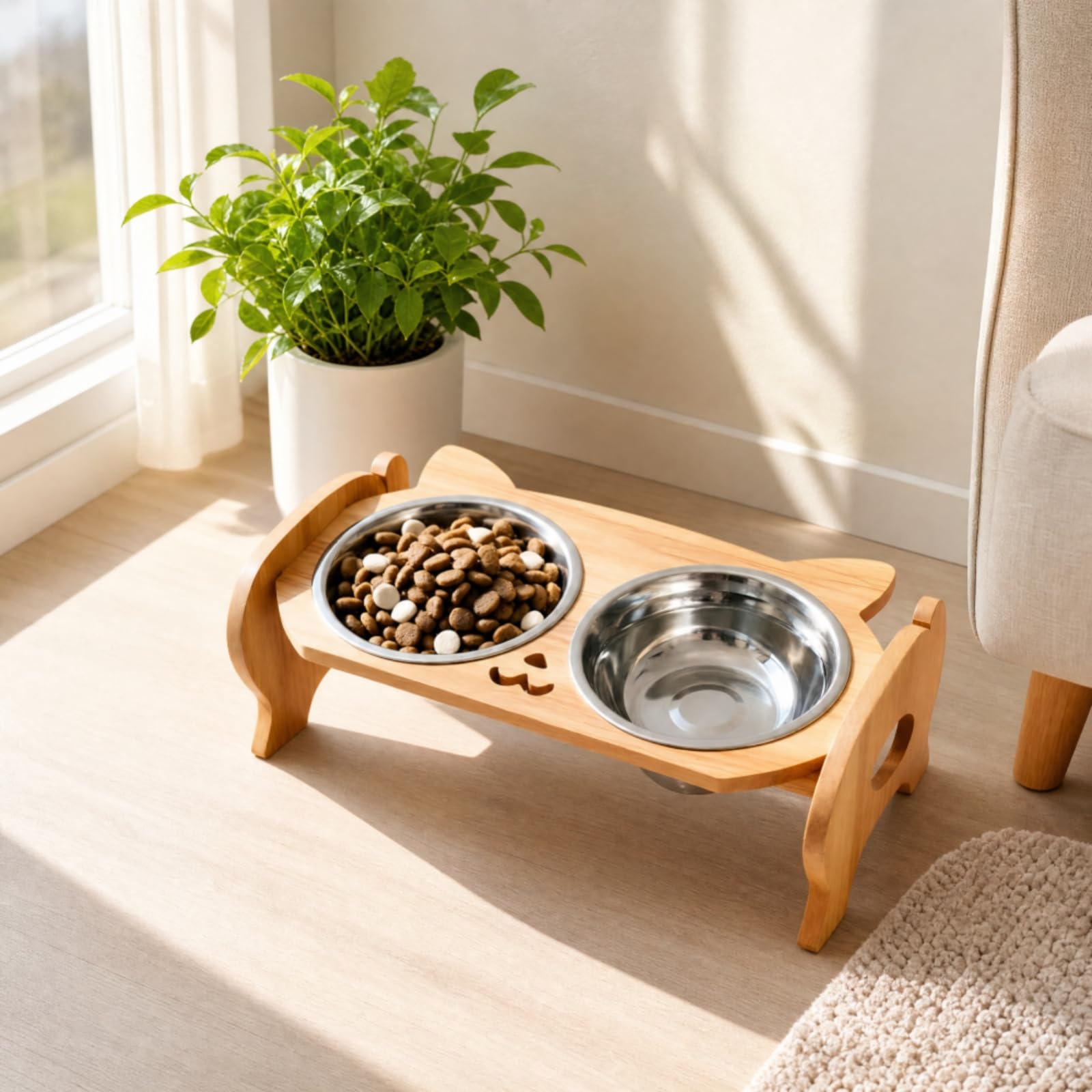 para Comederos Mascotas Fácil Limpiar Comedero Madera con Dos Recipiens Acero Inoxidable Estable para Casa