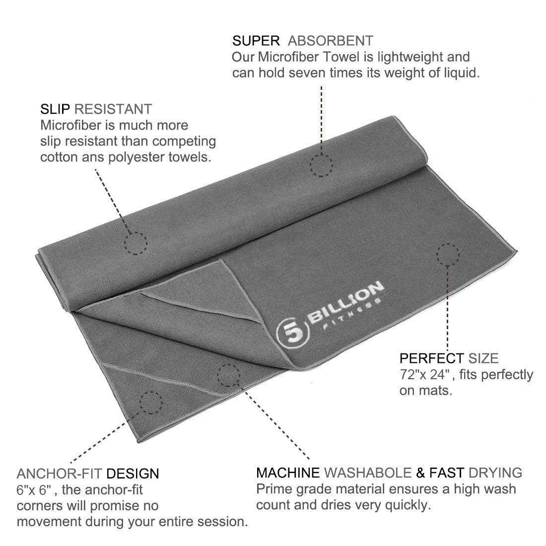 Microfiber Yoga Towel for Yoga Mat 24x72 inch,61 x 183cm Hot Yoga Towel, Non Slip Yoga Mat Cover Towel, Super Absorbent, Machine Washable, Fast Drying - Free Carry Bag (Grey)