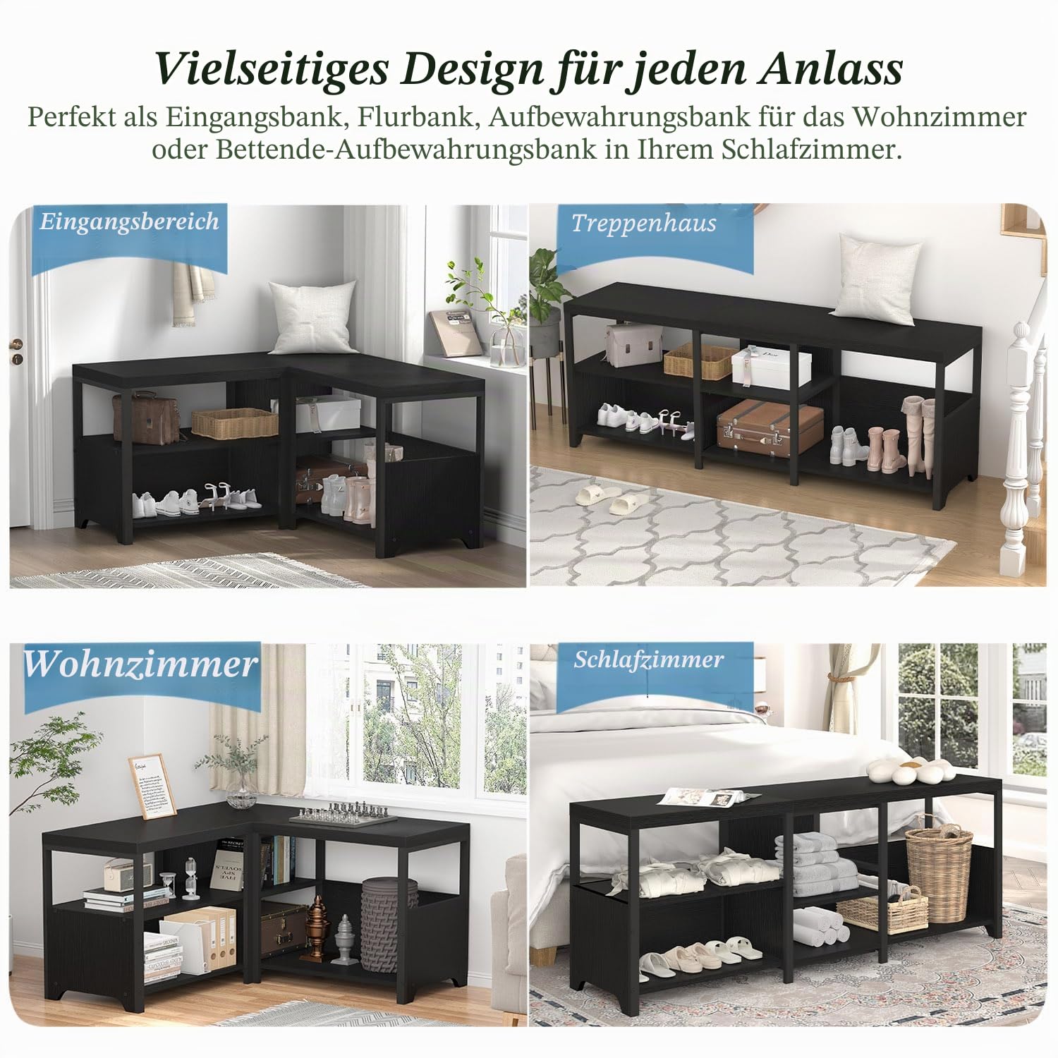 HSH Sitzbank Flur mit Stauraum Schuhbank Vintage Schwarze 33 x 145 x 51 cm