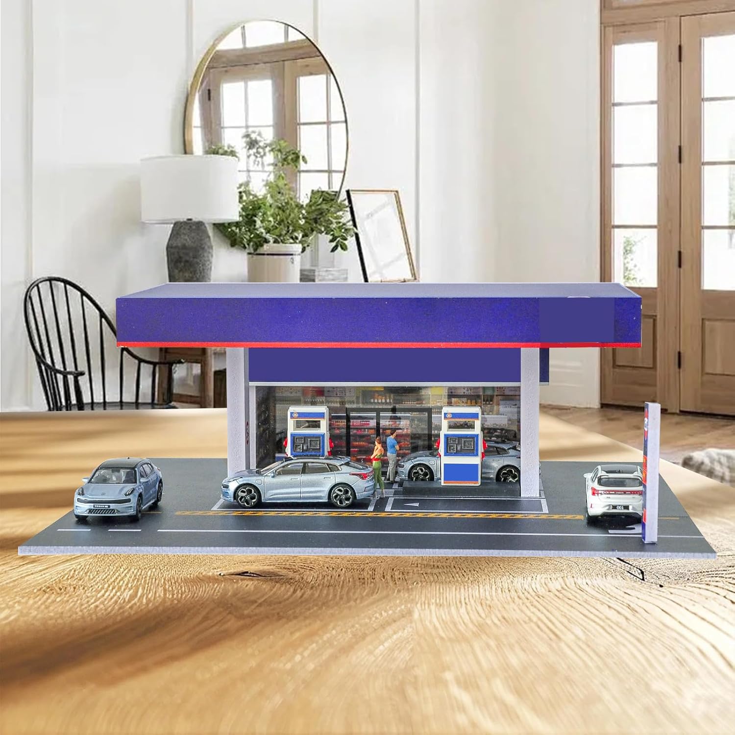 1/64 Scale Display Case Gas Station Scene Car Garage Moldel with LED Light Diecast Car Show Case 6 Parking Spaces Blue
