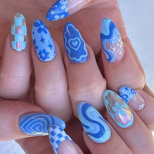 Miniatura 7 de Uñas postizas de almendra, uñas acrílicas de cobertura completa con diseños de mariposas, manicura francesa, color piel, brillante, para mujer