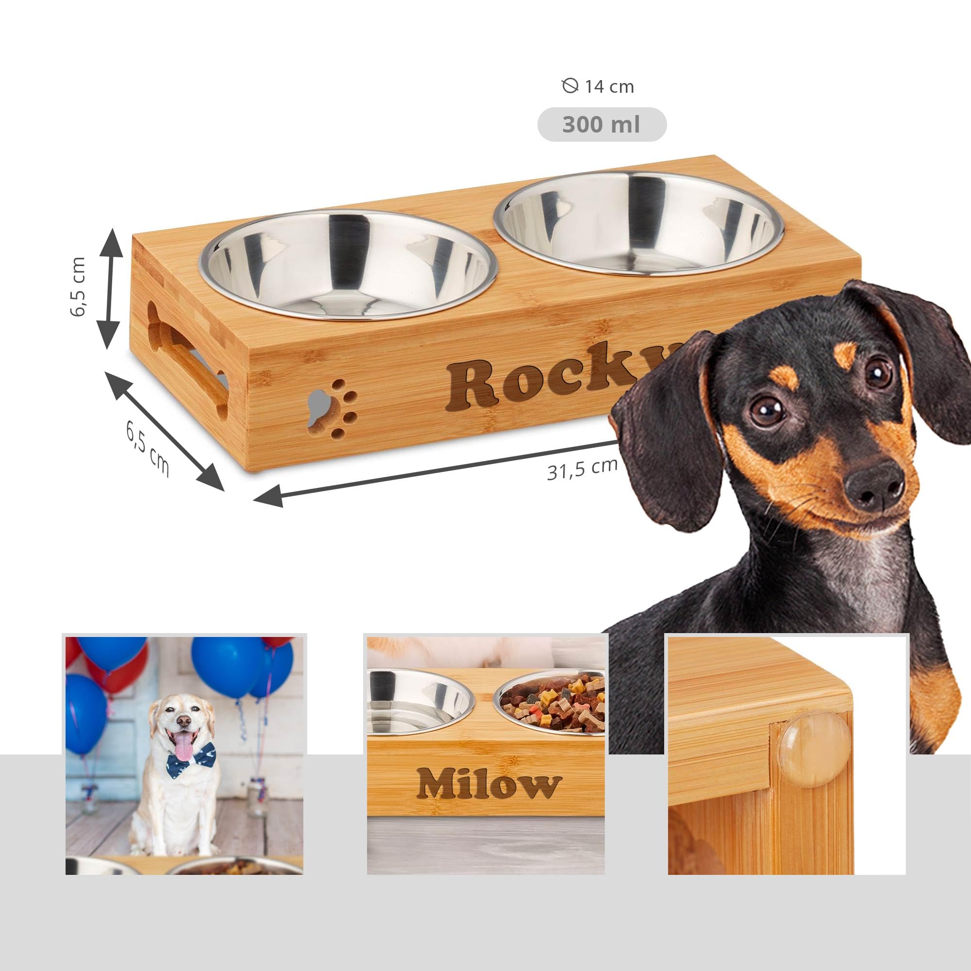 Casa Vivente Personalisierte Futterbar für Hunde, Wassernapf und Futternapf aus Edelstahl, Erhöhter Napf für kleine Hunde, mit Namensgravur und Holzoptik