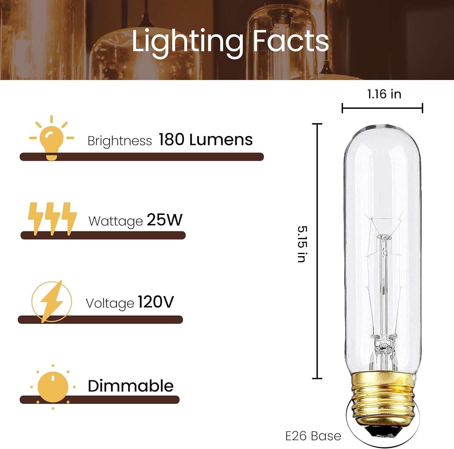 Edison Light Bulbs,120V, E26 Base, T10 Tubular Bulbs, 25W Clear Incandescent, Warm White, Dimmable Vintage Tubular Style Showcase Bulb (4-Pack)